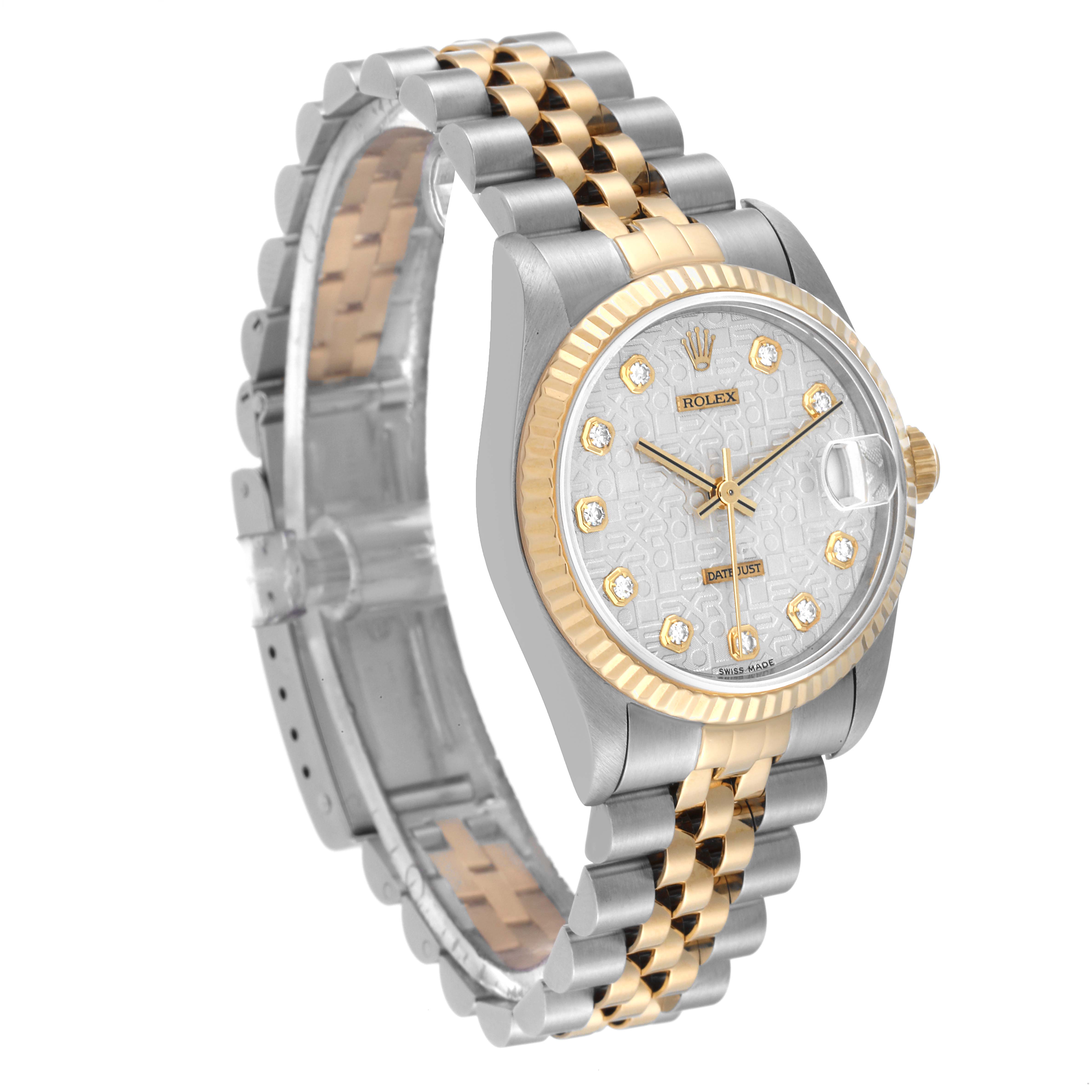 The image shows a Rolex Mid-Size 68273 Women's Steel and Gold (two tone) Silver Dial 68273 Women's Steel and Gold (two tone) Silver Dial watch at a 3/4 angle, highlighting its two-tone bracelet, dial, bezel, and date function.