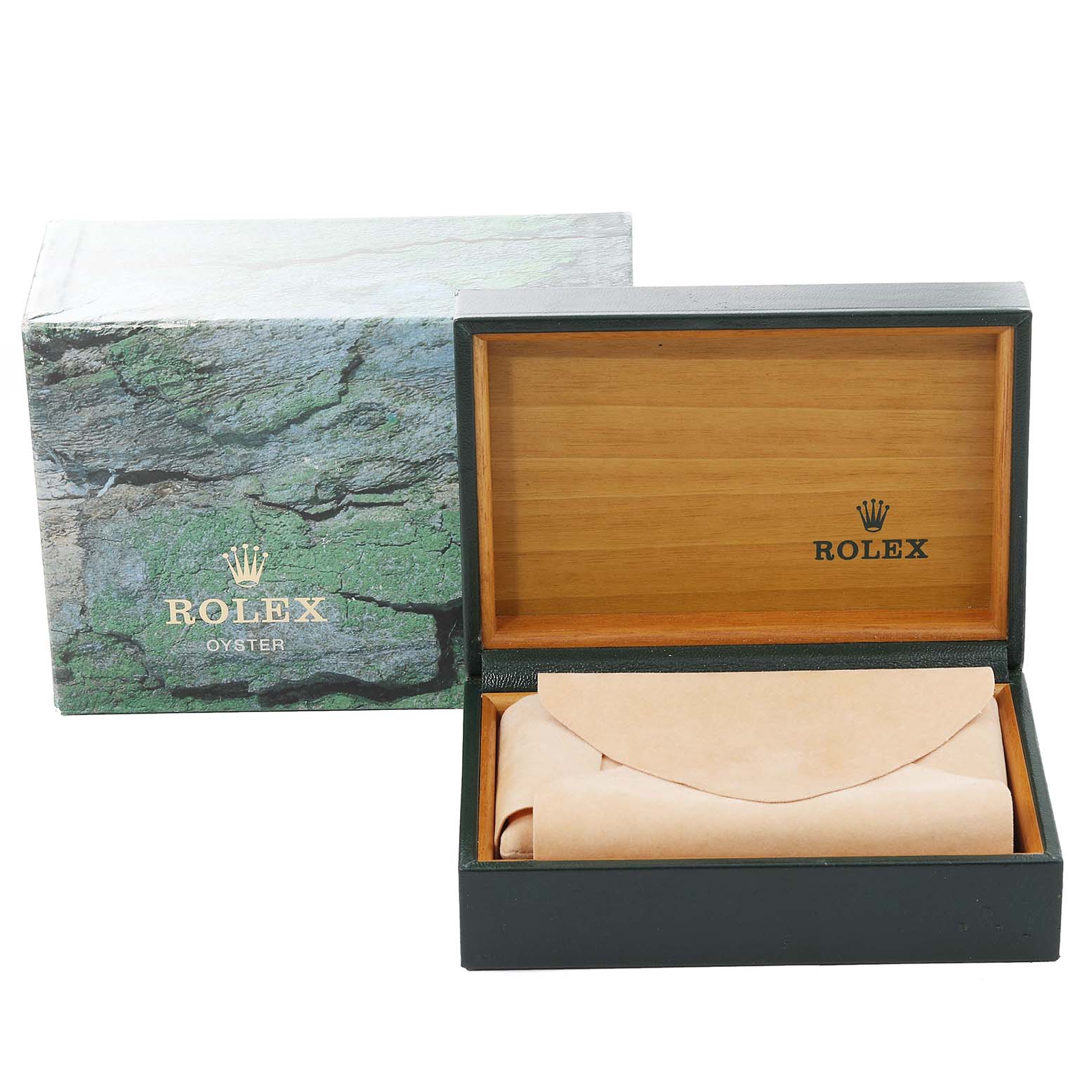 The image shows a Rolex Oyster Mid-Size watch box and the interior wooden case with a pouch, viewed from the front at an eye-level angle.