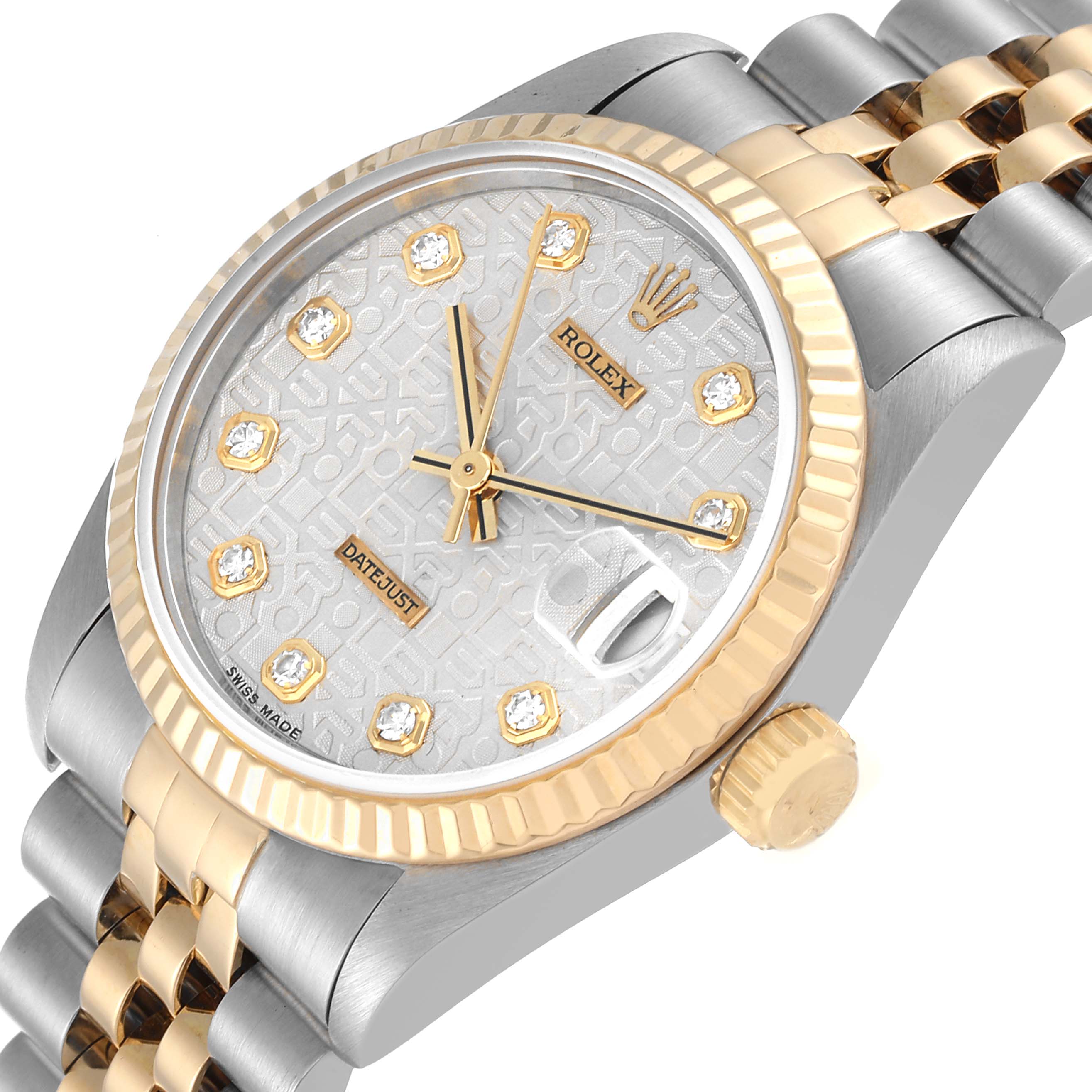 This Rolex Mid-Size 68273 Women's Steel and Gold (two tone) Silver Dial 68273 Women's Steel and Gold (two tone) Silver Dial Datejust is shown from an angled top-down view highlighting the dial, bezel, crown, and part of the bracelet.