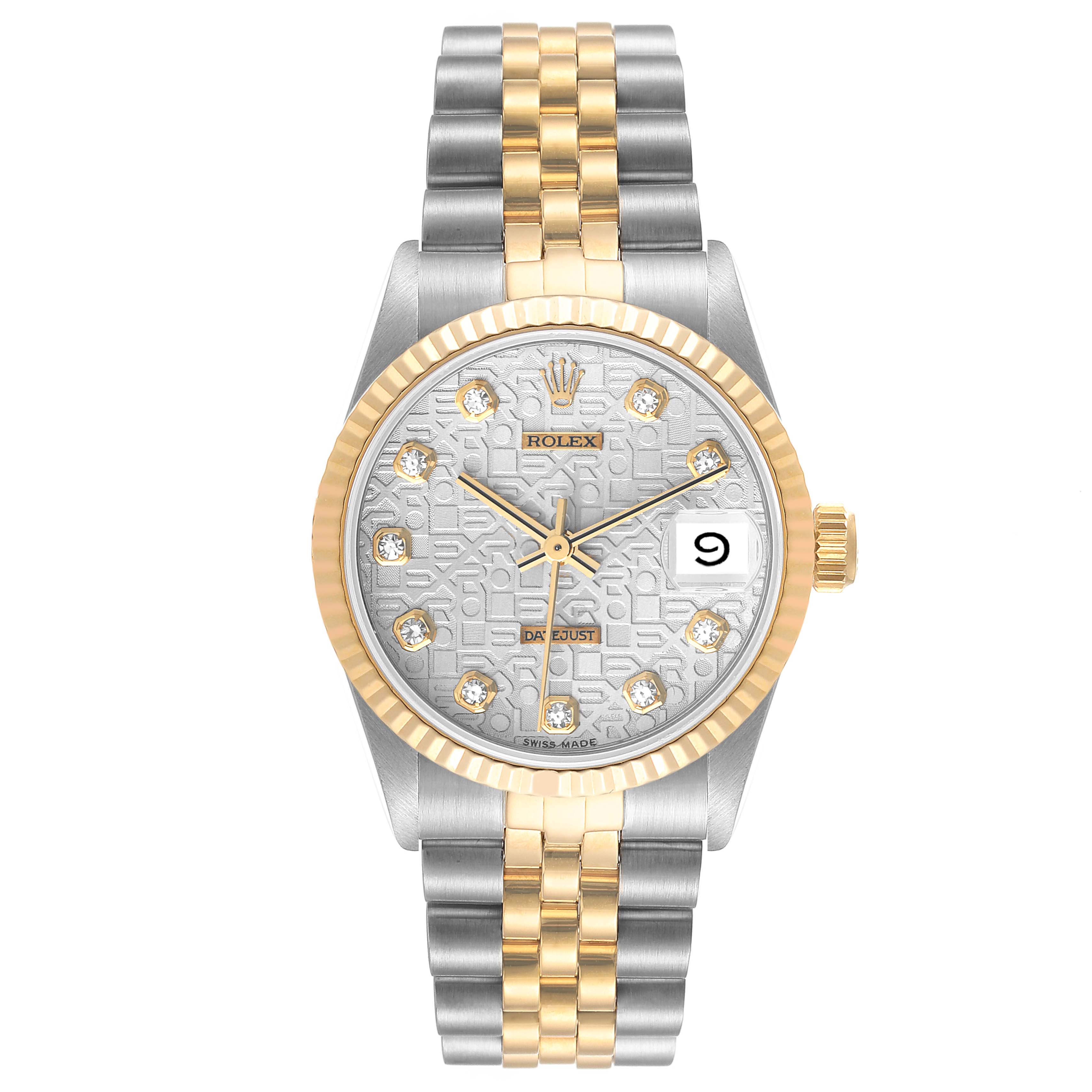 This image shows a frontal view of a Rolex Mid-Size 68273 Women's Steel and Gold (two tone) Silver Dial 68273 Women's Steel and Gold (two tone) Silver Dial watch, displaying the dial, bezel, bracelet, and date window.