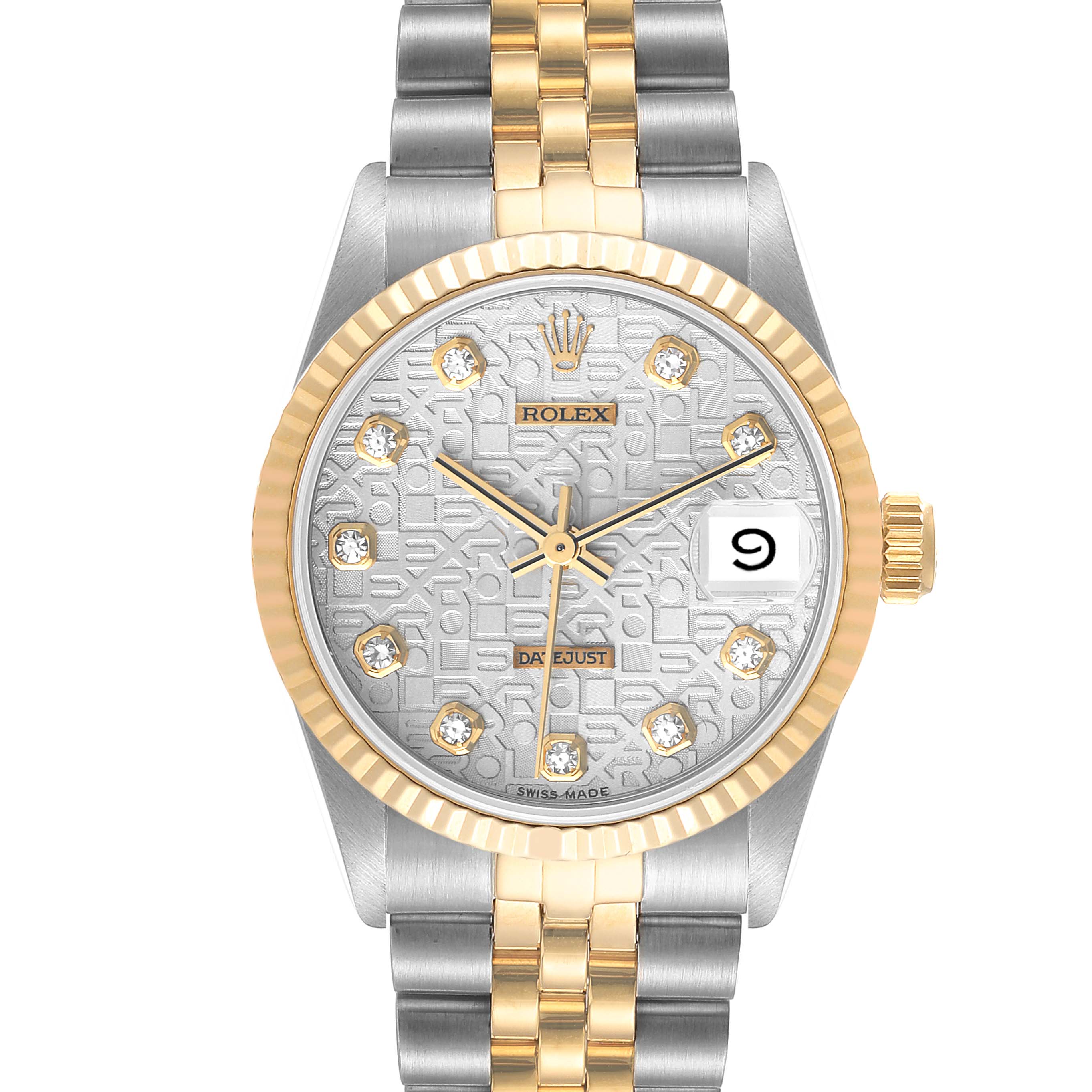 This image shows a front view of a Mid-Size Rolex Datejust watch, highlighting its two-tone design and diamond markers.