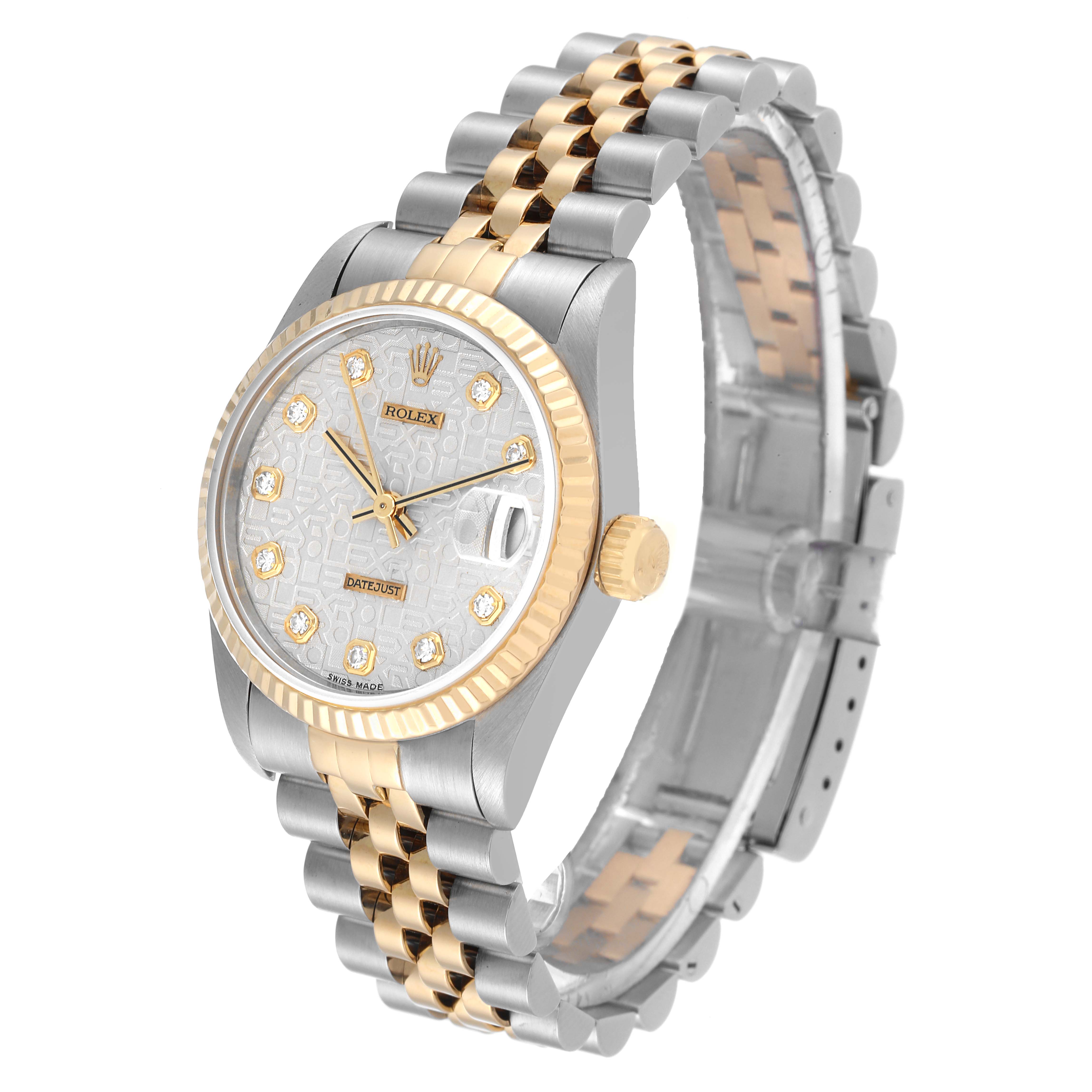 This Rolex Mid-Size 68273 Women's Steel and Gold (two tone) Silver Dial 68273 Women's Steel and Gold (two tone) Silver Dial watch is shown from a front-side angle, featuring its two-tone bracelet and diamond hour markers.