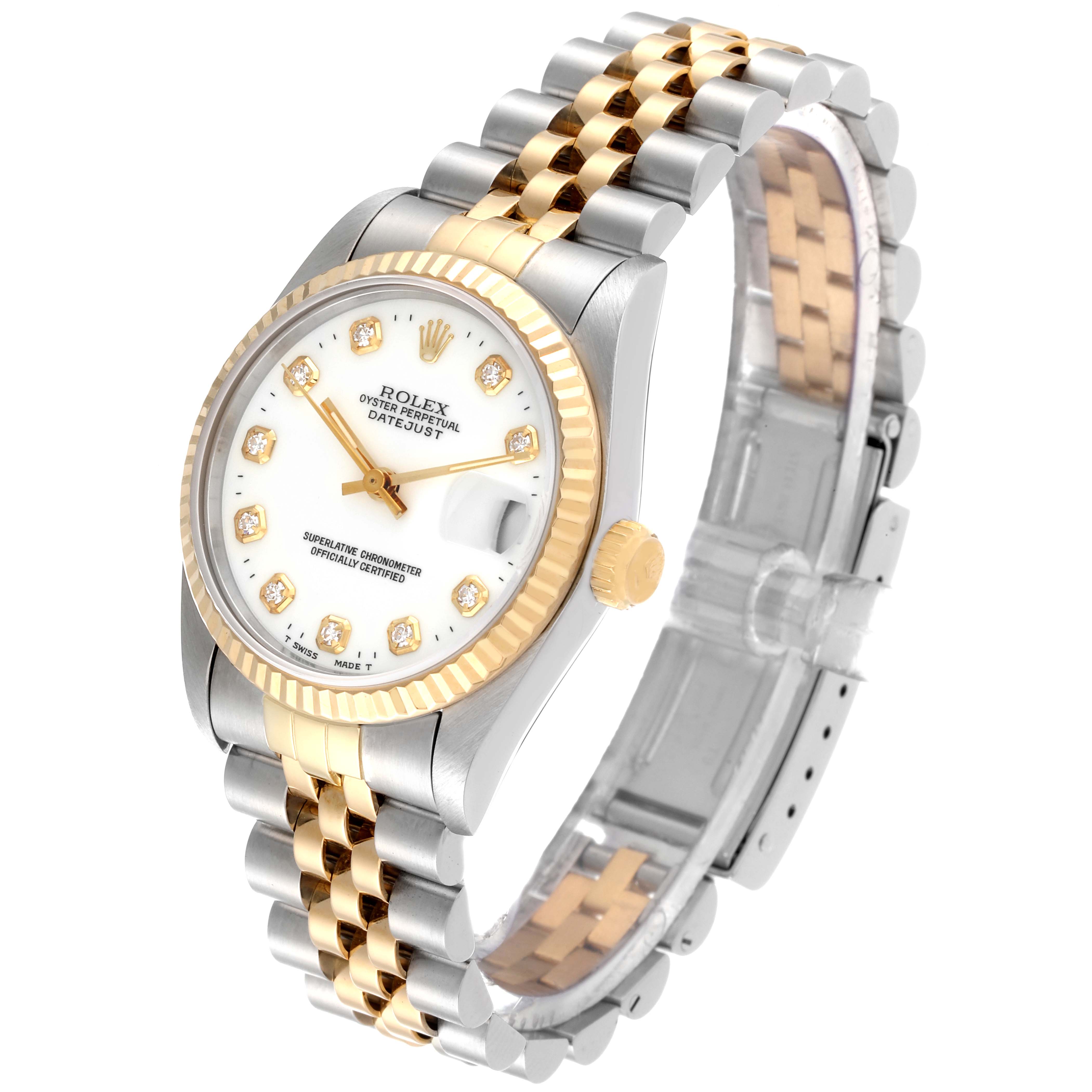 This image shows a Rolex Oyster Perpetual Datejust Mid-Size model at an angle displaying the face, bezel, crown, and bracelet.