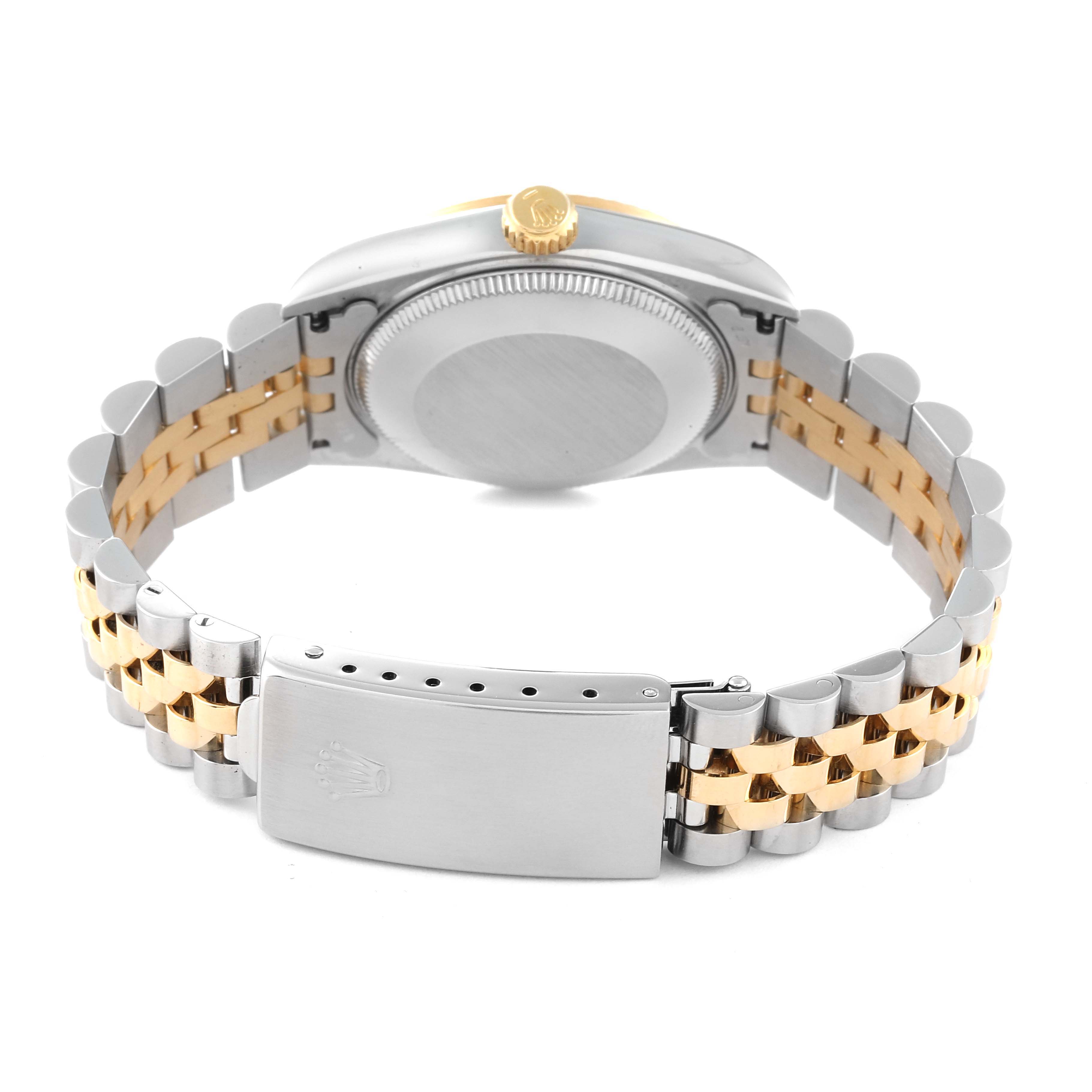 This image shows the back view of a Mid-Size Rolex watch, highlighting the case, crown, and two-tone metal bracelet with a clasp.