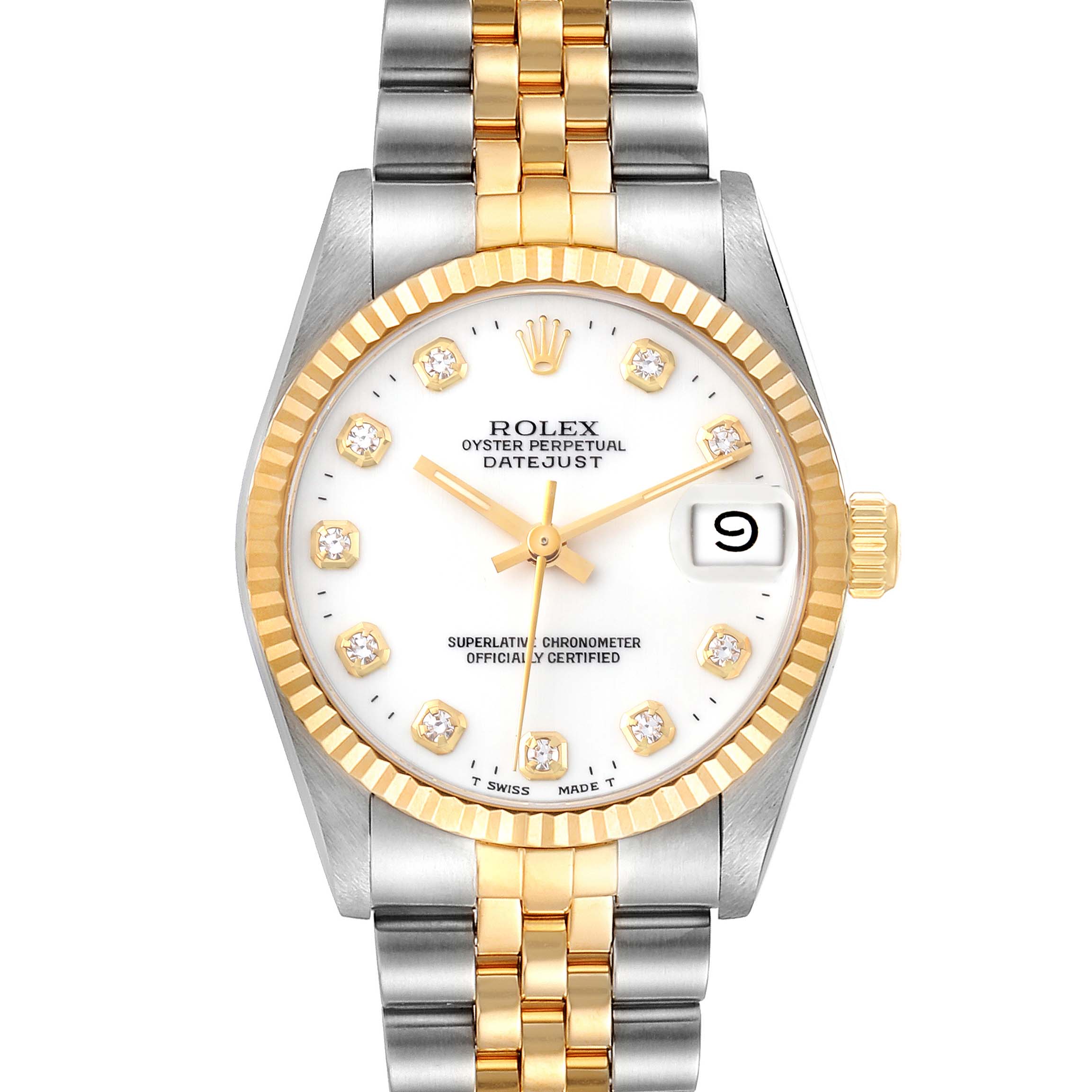 The image displays a Rolex Oyster Perpetual Datejust Mid-Size watch from a front angle, showcasing its dial, bezel, and bracelet.