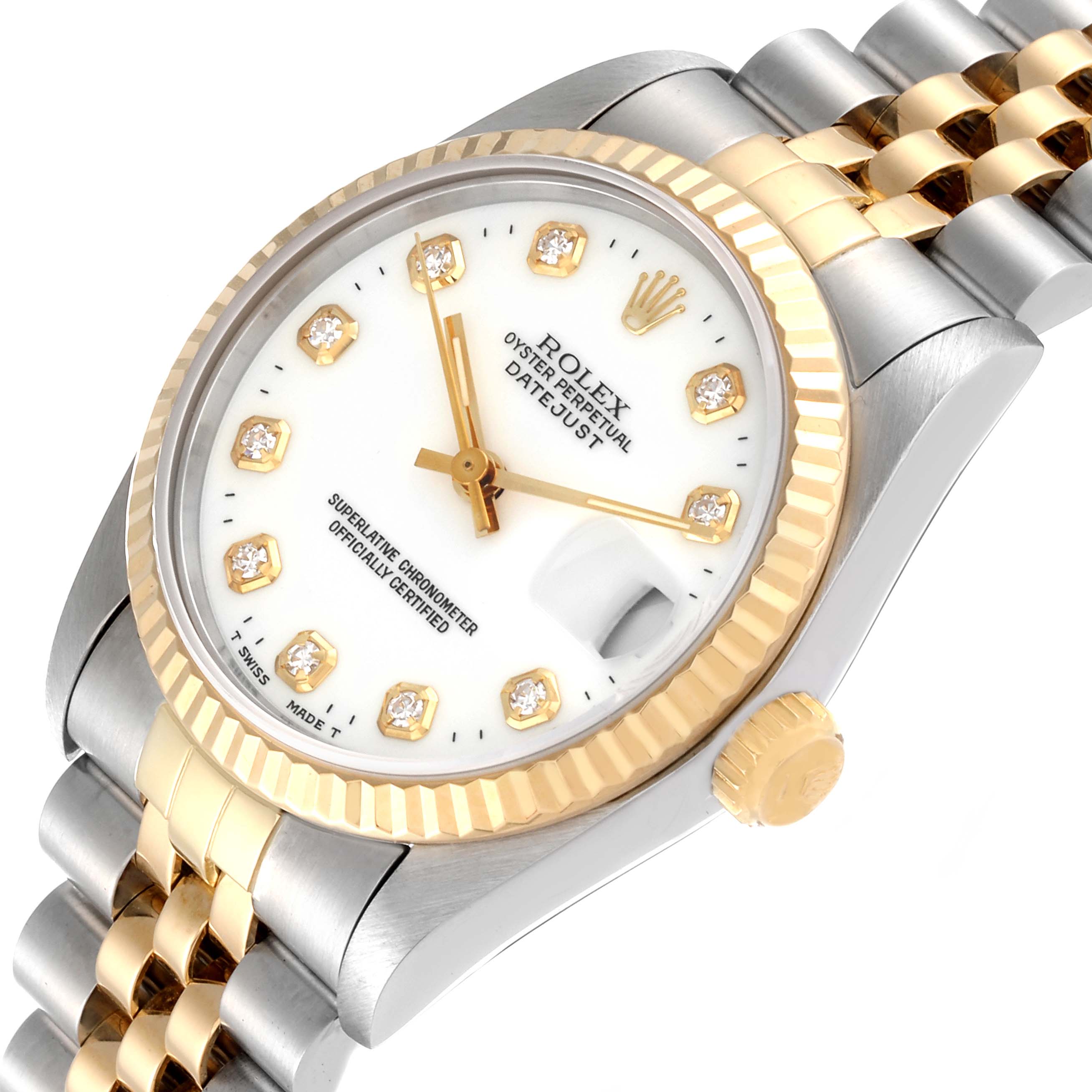 This image shows a top-angle view of the Rolex Mid-Size 68273 Women
s Steel and Gold (two tone) White Dial 68273 Women
s Steel and Gold (two tone) White Dial Datejust, highlighting the dial, bezel, and bracelet.