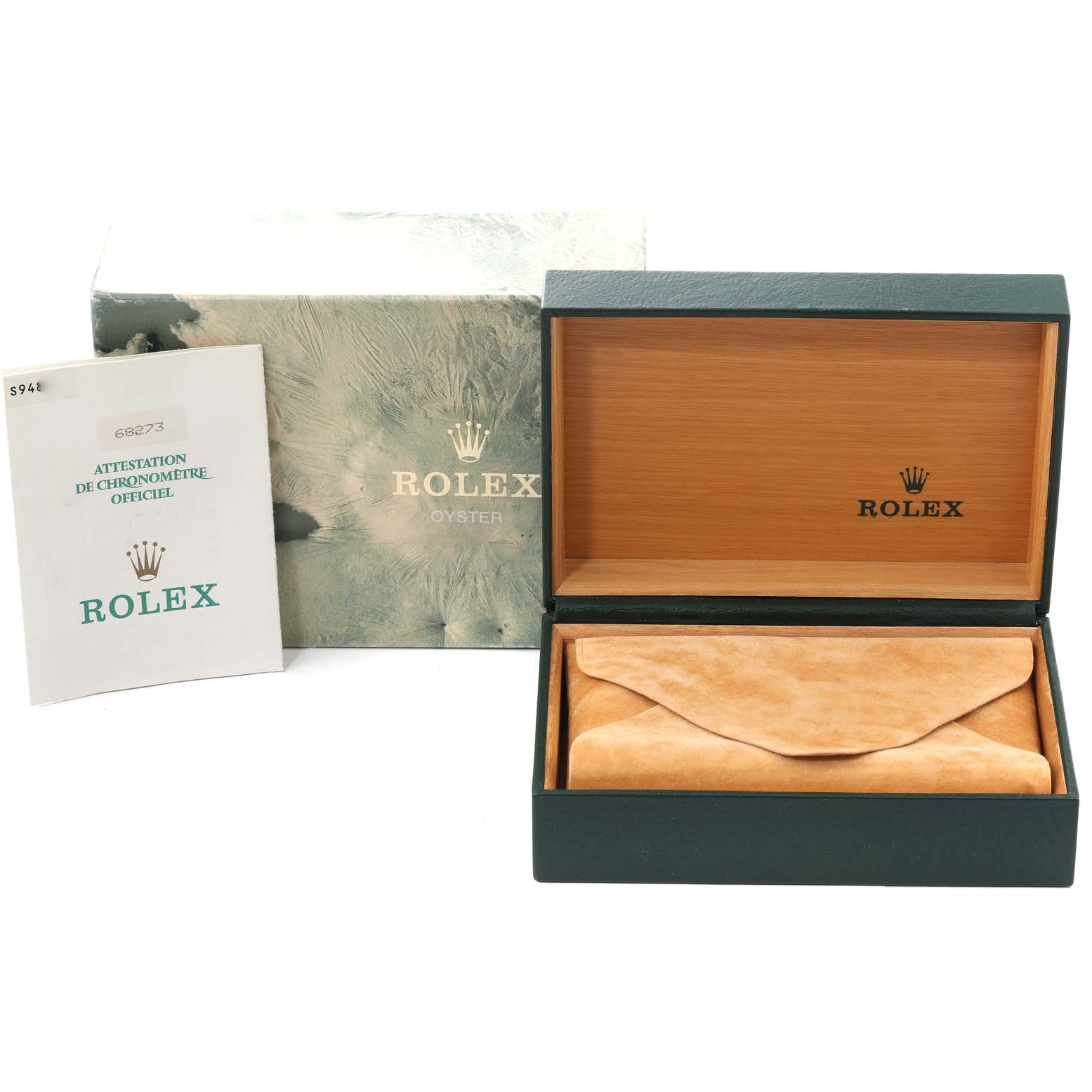 This image shows the box, cushioned pillow, and official certificate for a Rolex Mid-Size 68273 Women
s Steel and Gold (two tone) White Dial 68273 Women
s Steel and Gold (two tone) White Dial model watch.