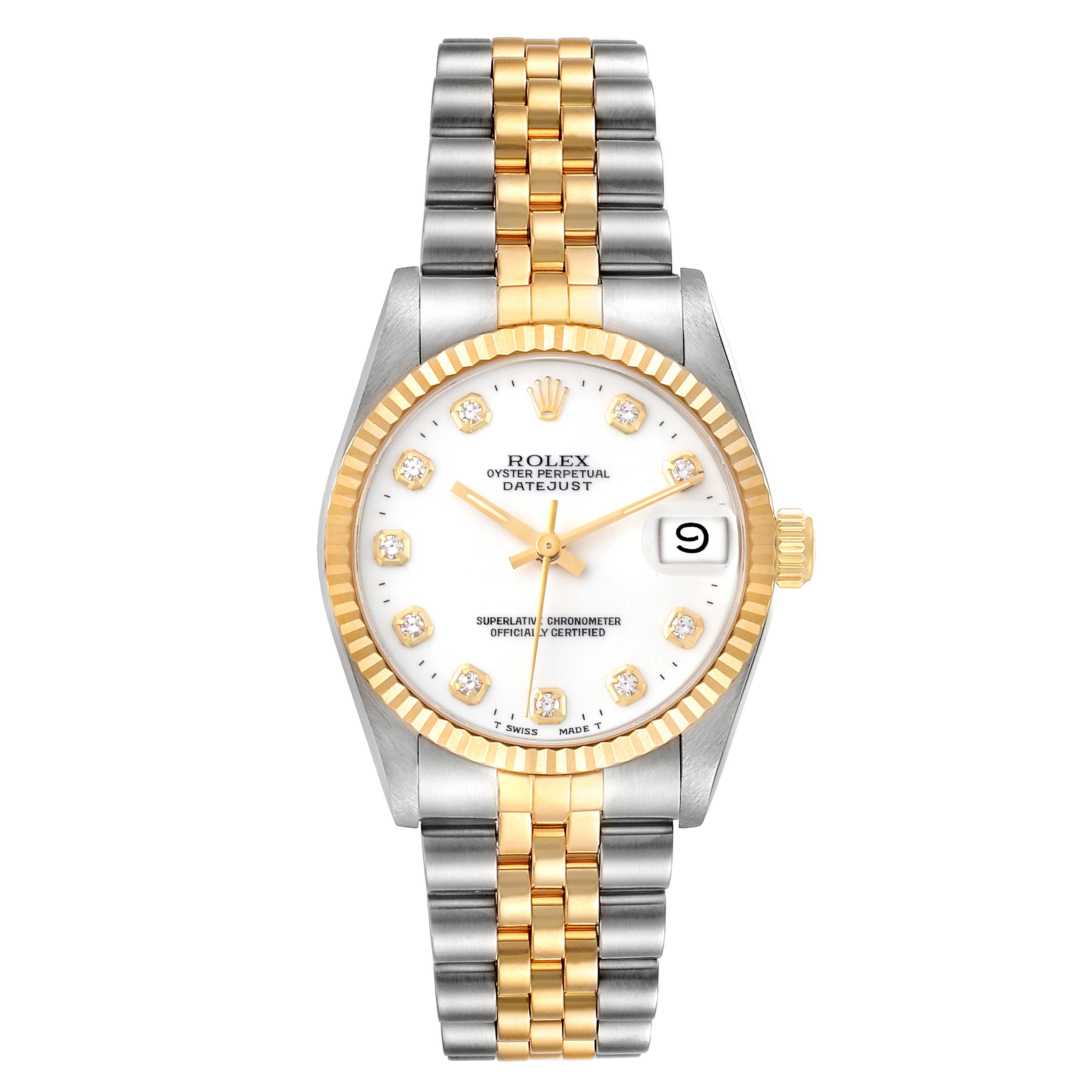 The image shows a Rolex Mid-Size 68273 Women
s Steel and Gold (two tone) White Dial 68273 Women
s Steel and Gold (two tone) White Dial Oyster Perpetual Datejust watch, front view, highlighting its dial, bezel, and bracelet.
