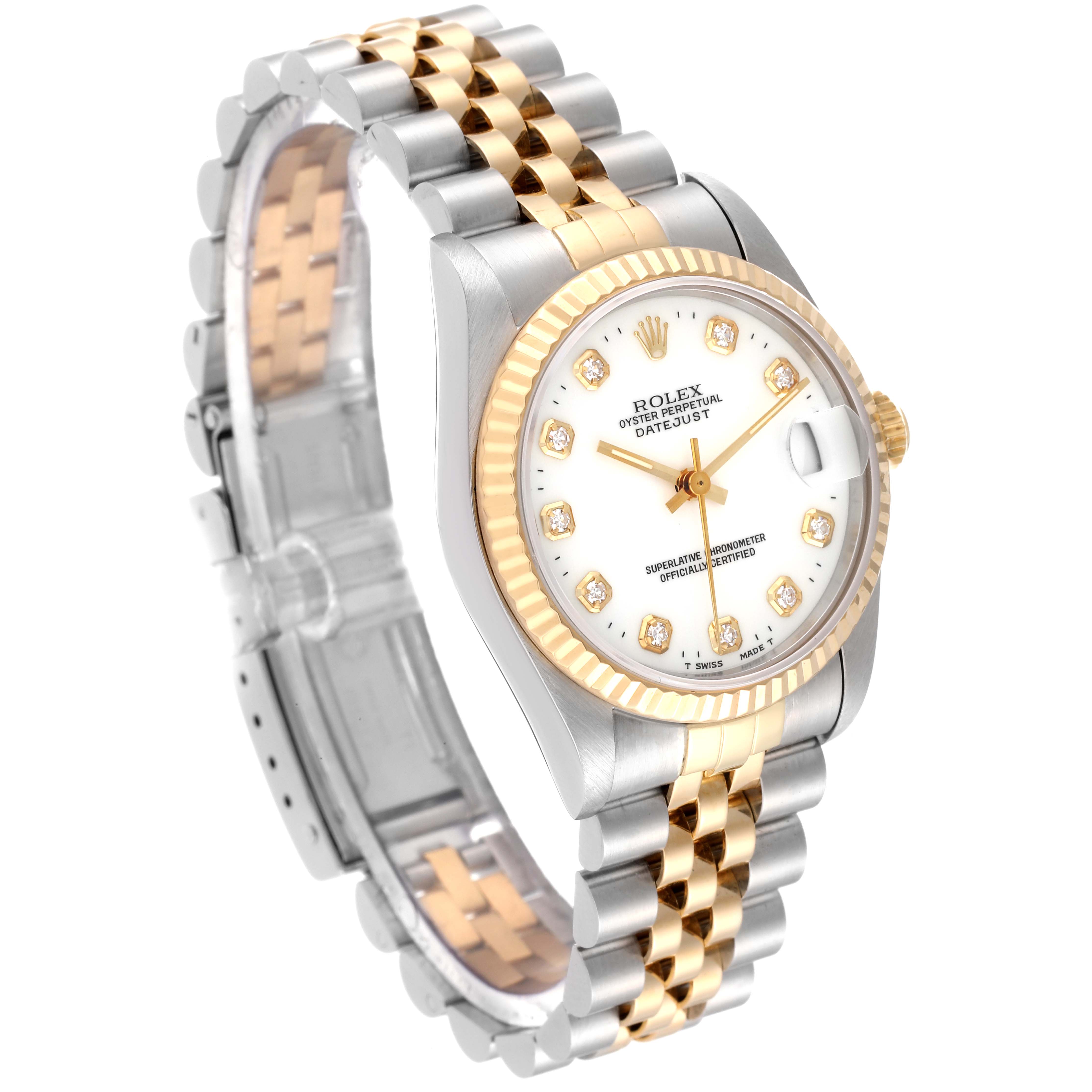 The image shows a side and front angle of a Rolex Datejust Mid-Size watch, featuring a two-tone bracelet and fluted bezel.