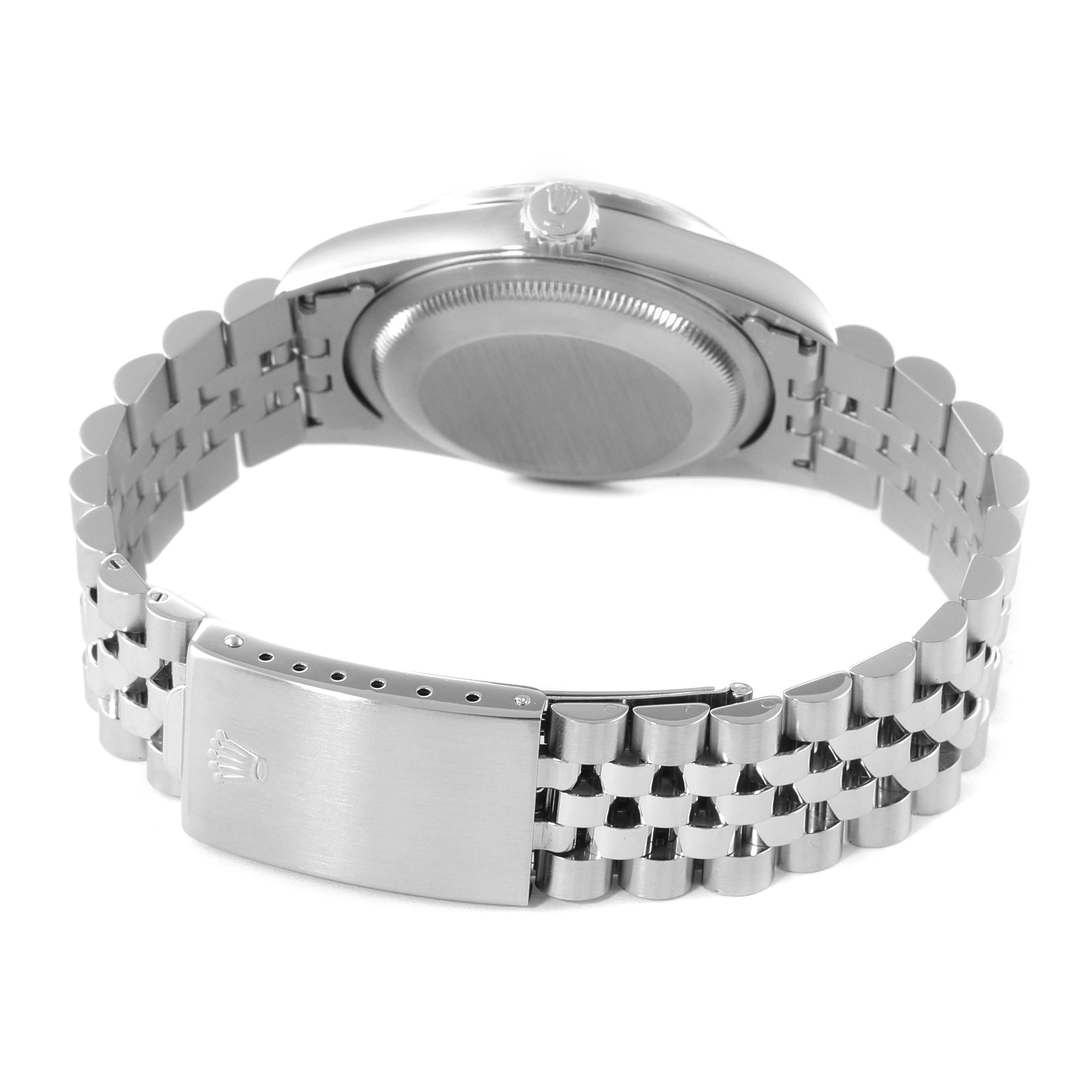 The image shows the back and clasp of a Rolex Datejust 16220 Men's Stainless Steel Silver Dial 16220 Men's Stainless Steel Silver Dial watch, highlighting the case back and Jubilee bracelet.