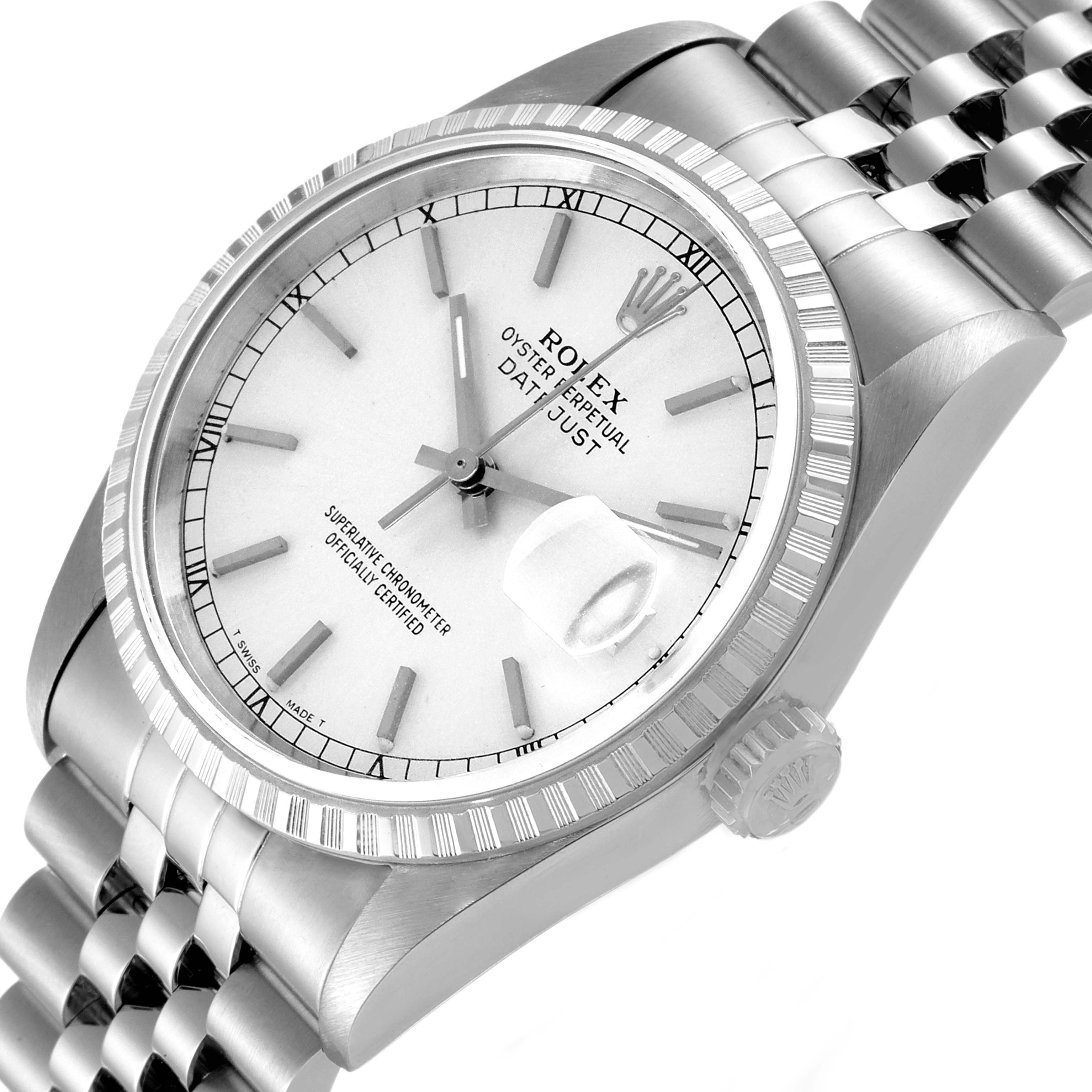 The image shows a Rolex Datejust 16220 Men's Stainless Steel Silver Dial 16220 Men's Stainless Steel Silver Dial watch from a slight angle, highlighting its face, bezel, and bracelet.