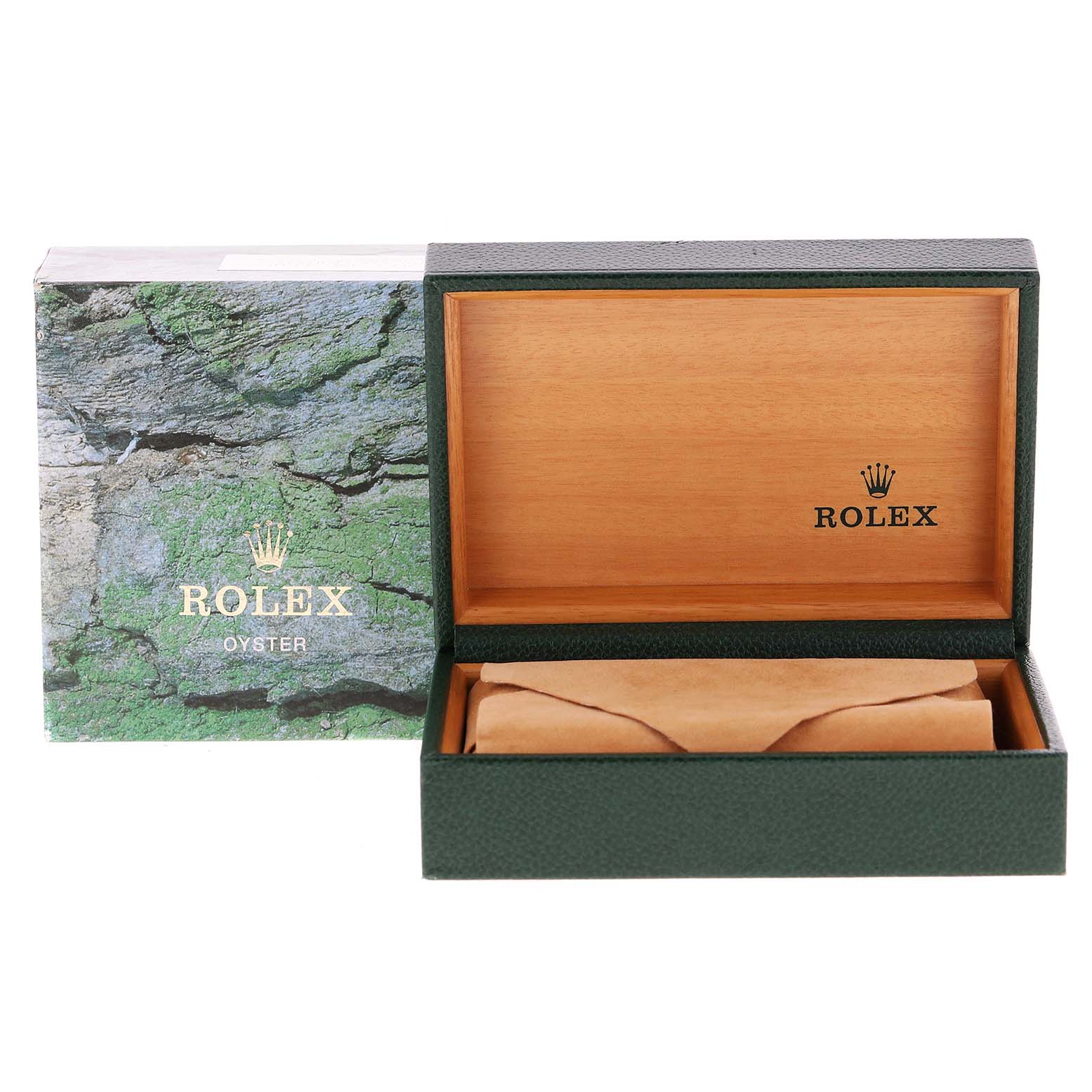 The image shows an open green Rolex Datejust 16220 Men's Stainless Steel Silver Dial 16220 Men's Stainless Steel Silver Dial watch box with its outer cover featuring the Rolex logo.