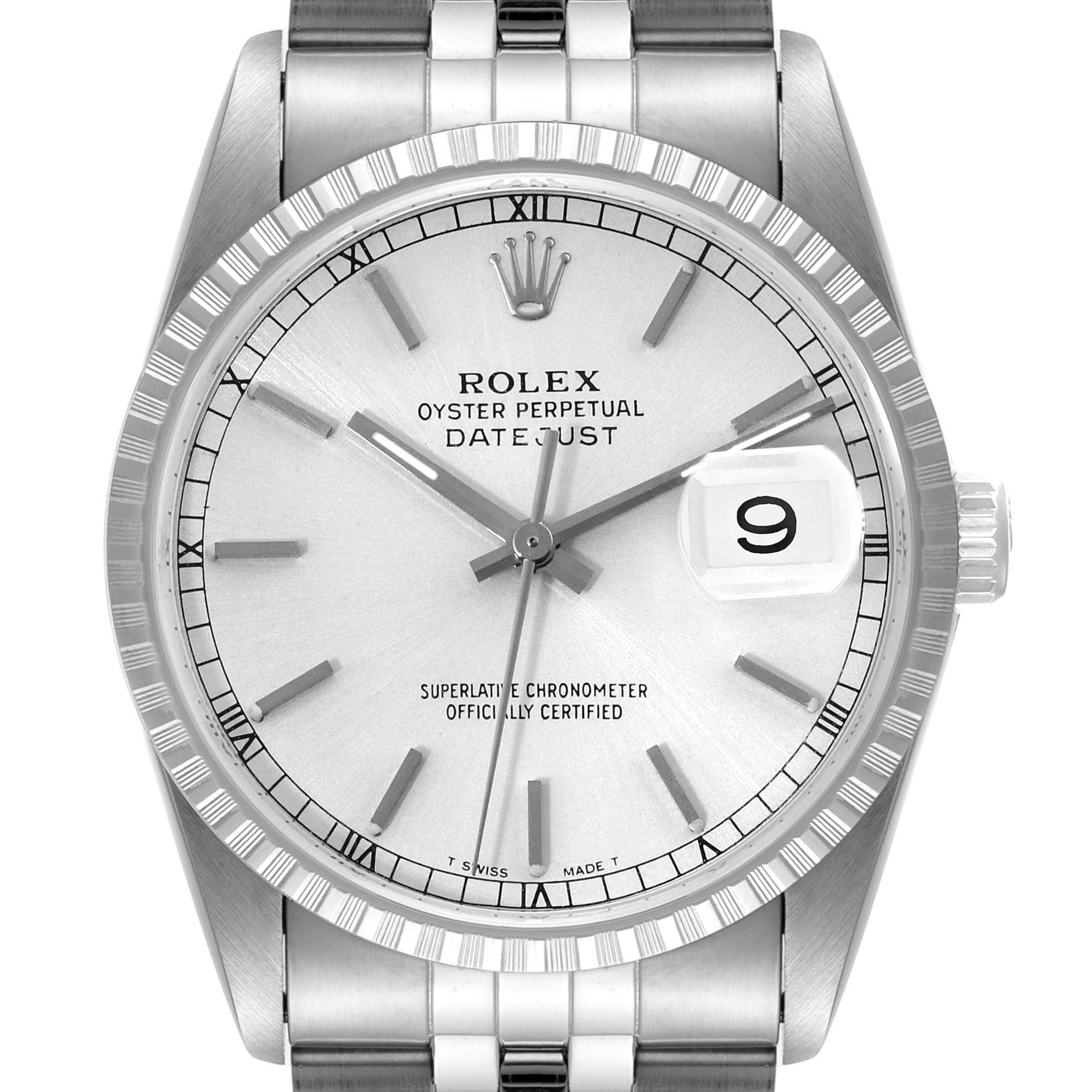 The image shows a Rolex Datejust 16220 Men's Stainless Steel Silver Dial 16220 Men's Stainless Steel Silver Dial watch from a front angle, displaying the dial, bezel, crown, and part of the bracelet.