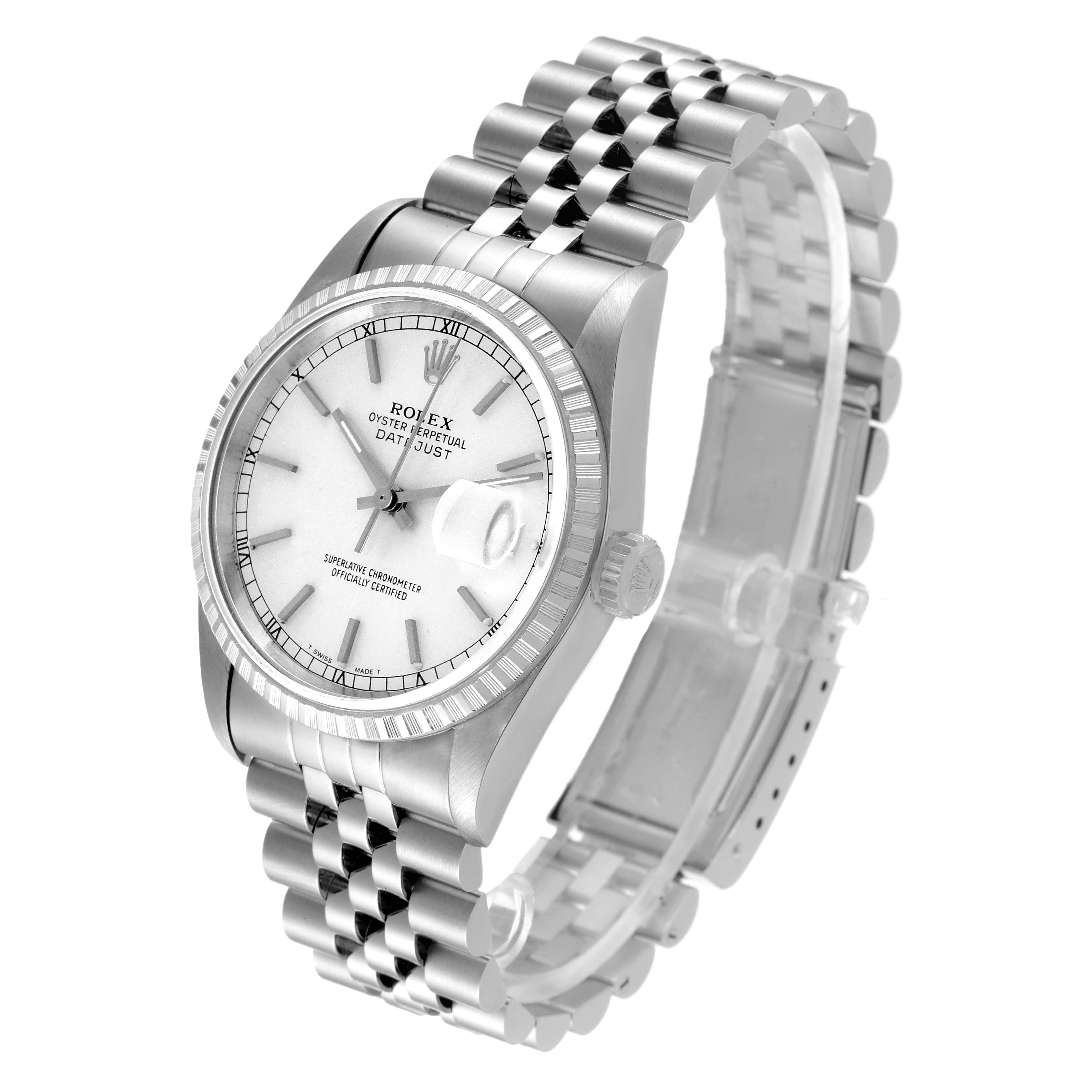 The Rolex Datejust 16220 Men's Stainless Steel Silver Dial 16220 Men's Stainless Steel Silver Dial watch is shown at a three-quarter angle, displaying its face, bezel, crown, and bracelet.