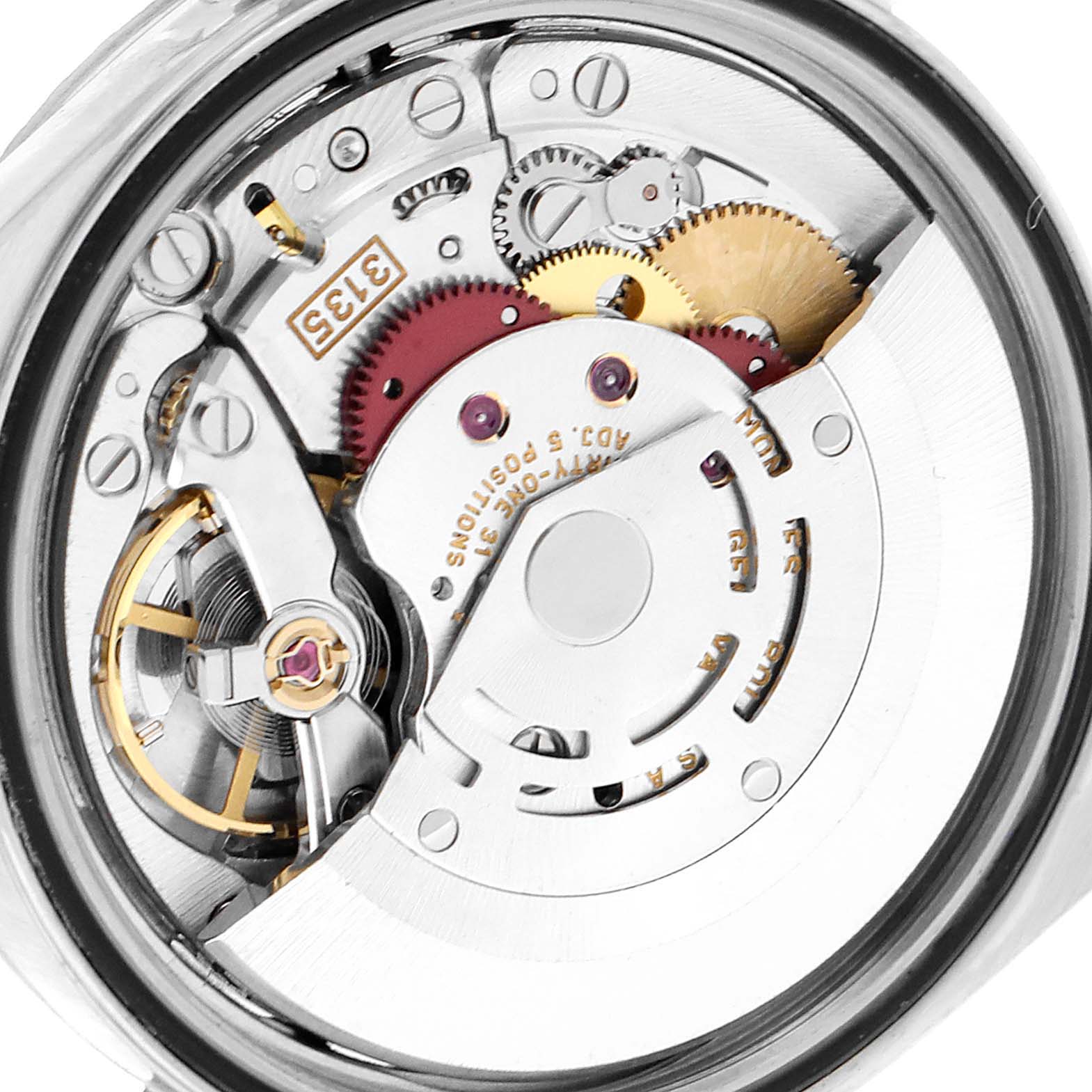 This image shows the intricate movement mechanics of a Rolex Datejust 16220 Men's Stainless Steel Silver Dial 16220 Men's Stainless Steel Silver Dial model from a rear angle.