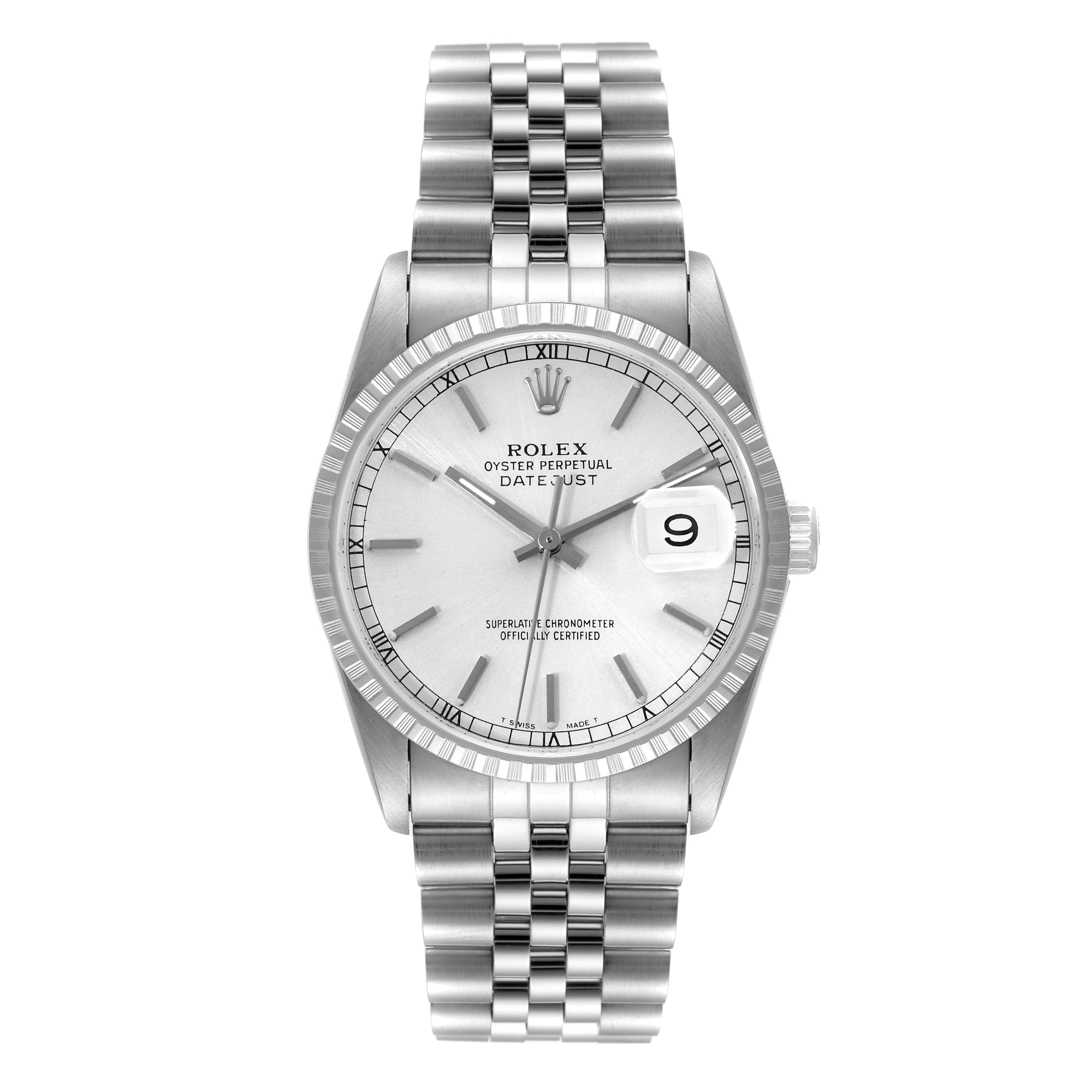 The image shows a frontal view of the Rolex Datejust 16220 Men's Stainless Steel Silver Dial 16220 Men's Stainless Steel Silver Dial watch, displaying the dial, bezel, crown, and bracelet.