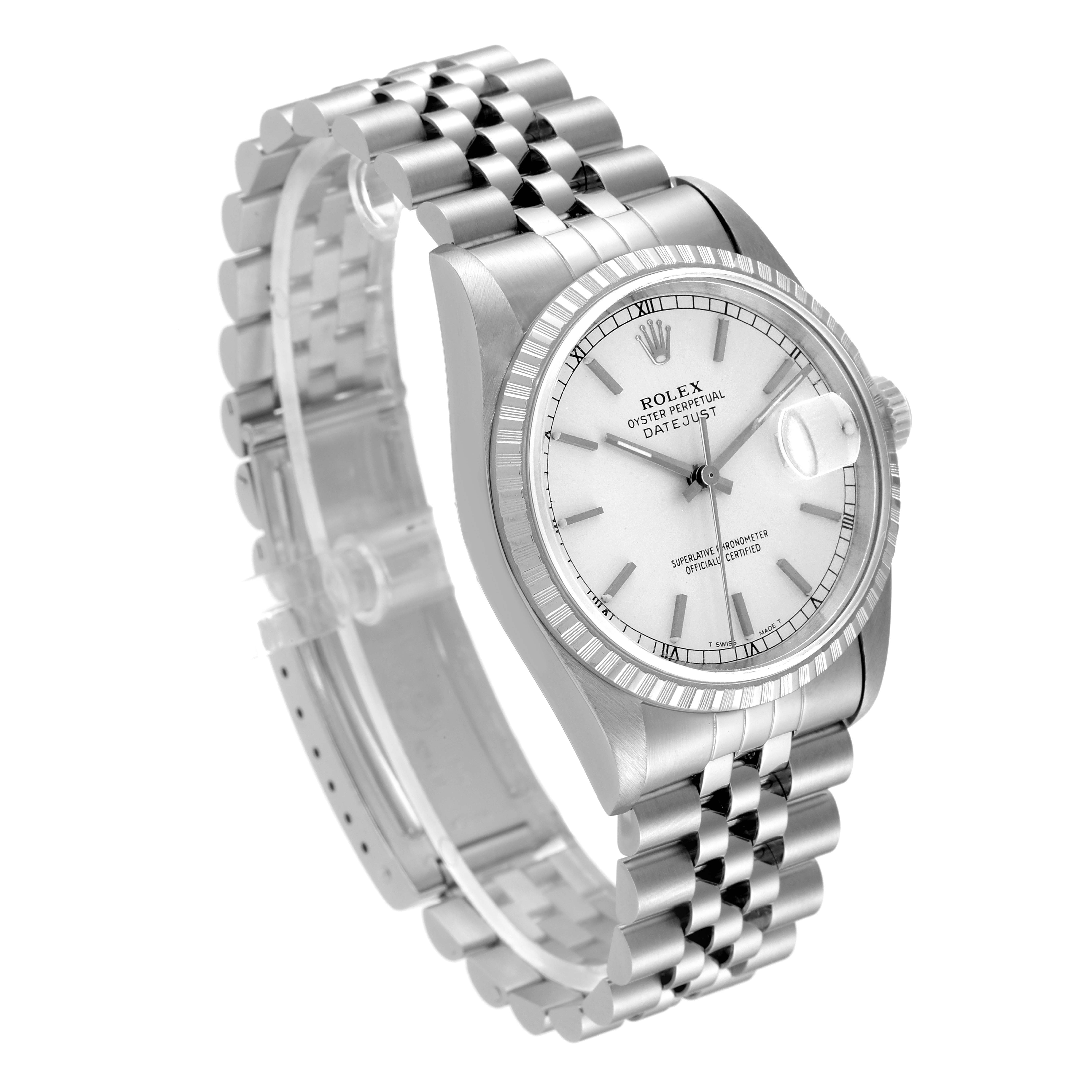 The image shows a Rolex Datejust 16220 Men's Stainless Steel Silver Dial 16220 Men's Stainless Steel Silver Dial watch from a three-quarter angle, highlighting the face and bracelet.