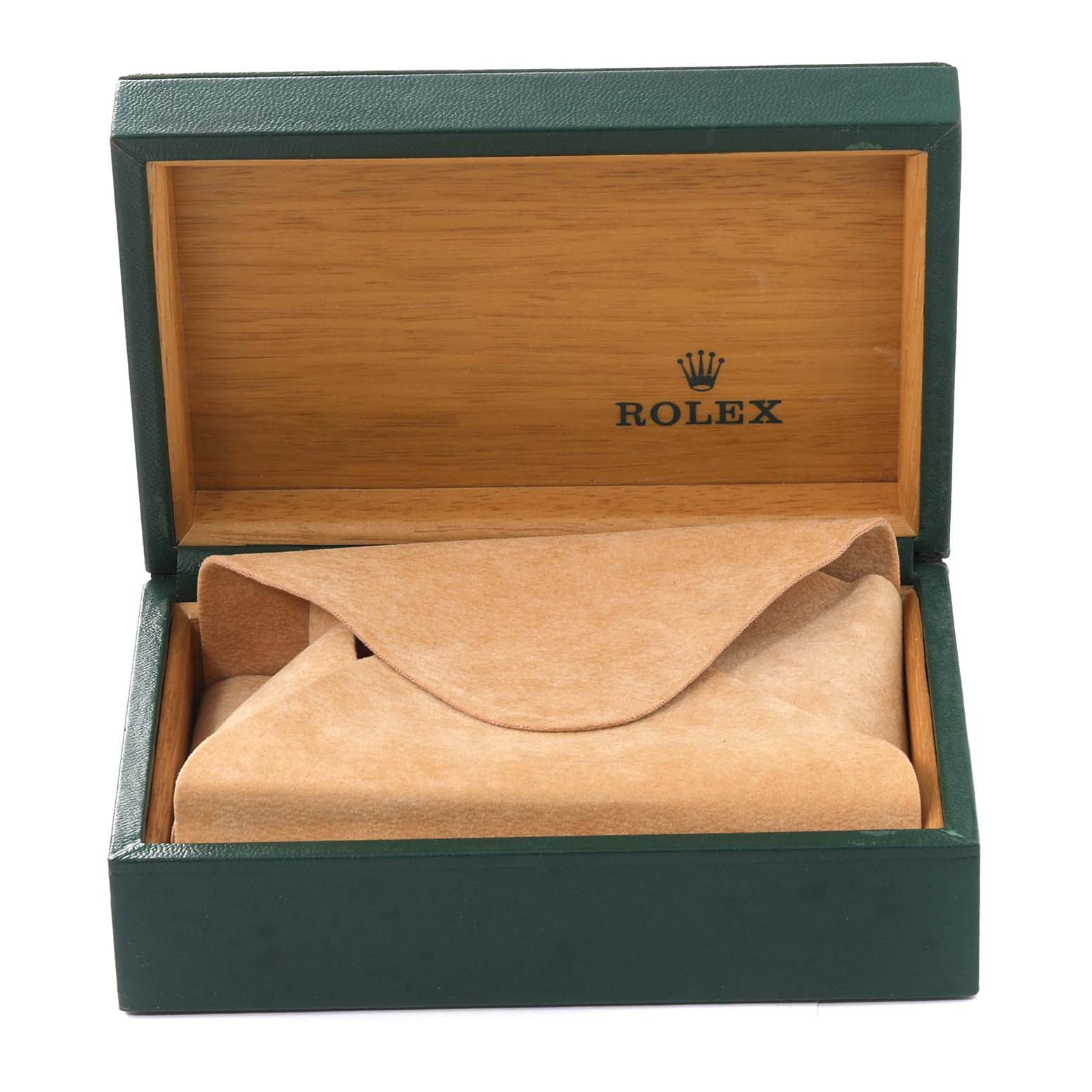 This image shows an open green Rolex watch box from the Vintage Collection model, with the watch inside a beige protective pouch.