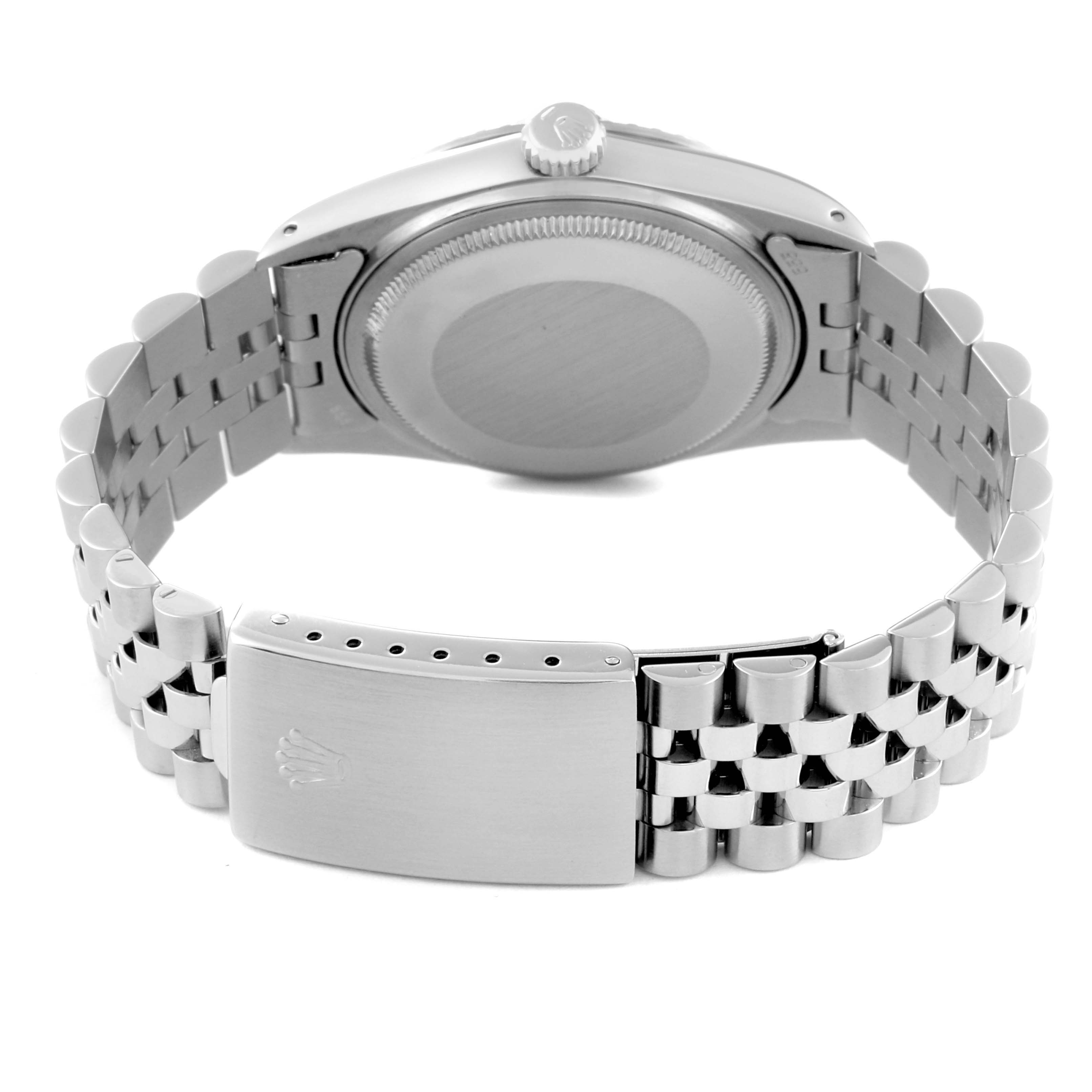 This image shows the case back and bracelet clasp of a Vintage Collection Rolex watch from a rear angle.