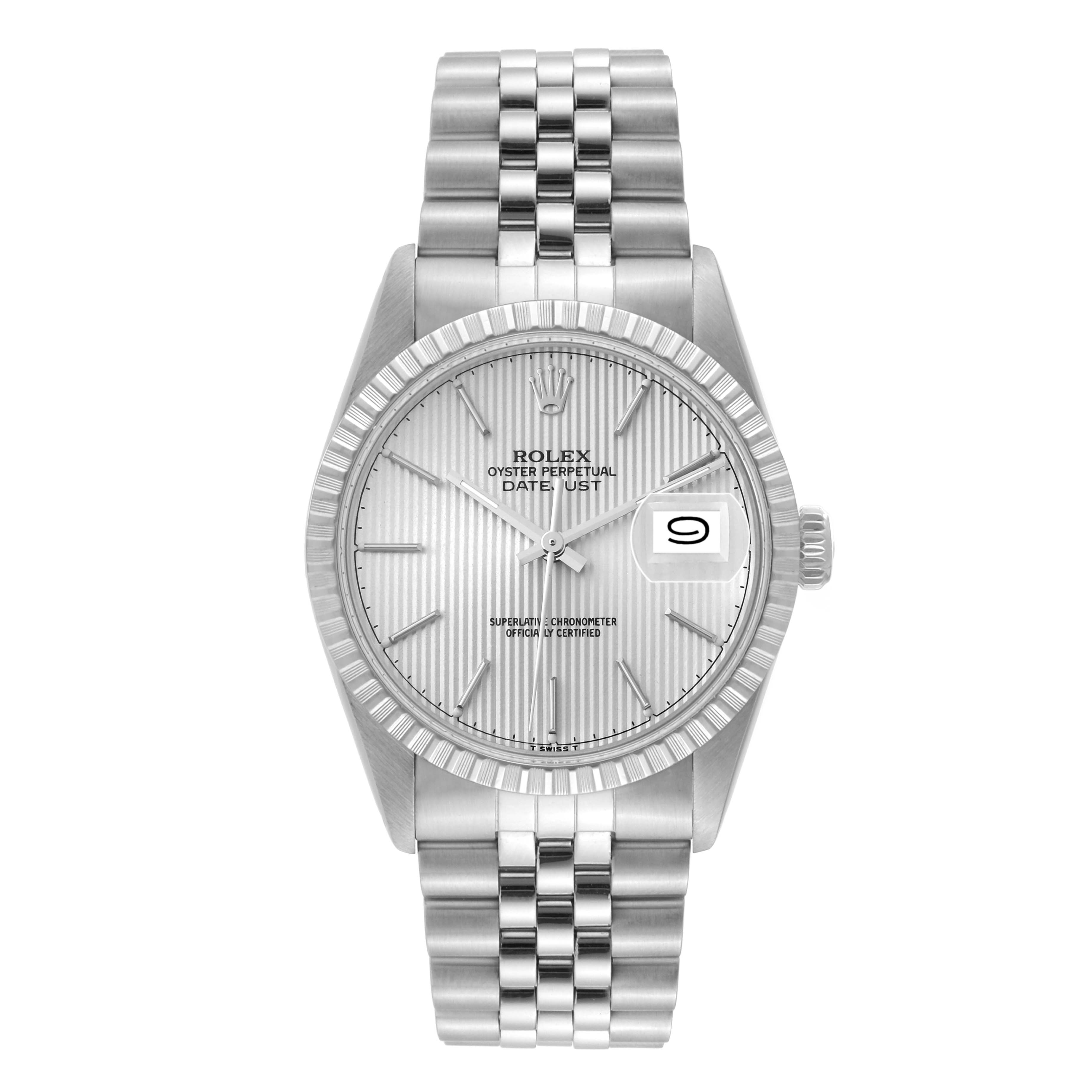 The image shows a front view of the Rolex Vintage Collection 16030 Men's Stainless Steel Silver Dial 16030 Men's Stainless Steel Silver Dial Datejust watch, highlighting the dial, hands, bracelet, and date window.