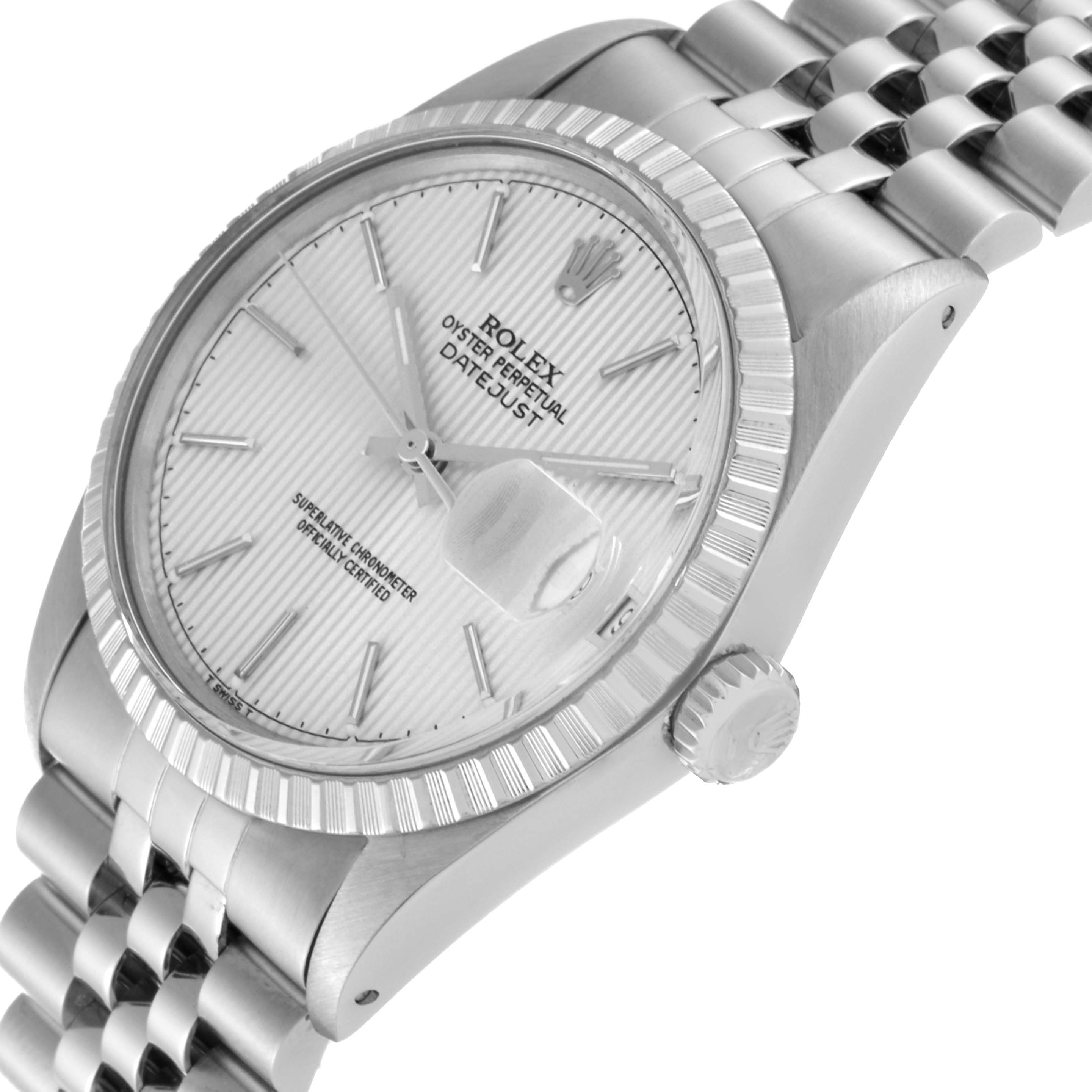 This image shows a close-up side view of the Rolex Vintage Collection 16030 Men's Stainless Steel Silver Dial 16030 Men's Stainless Steel Silver Dial Oyster Perpetual Datejust, highlighting the face, bezel, and bracelet.