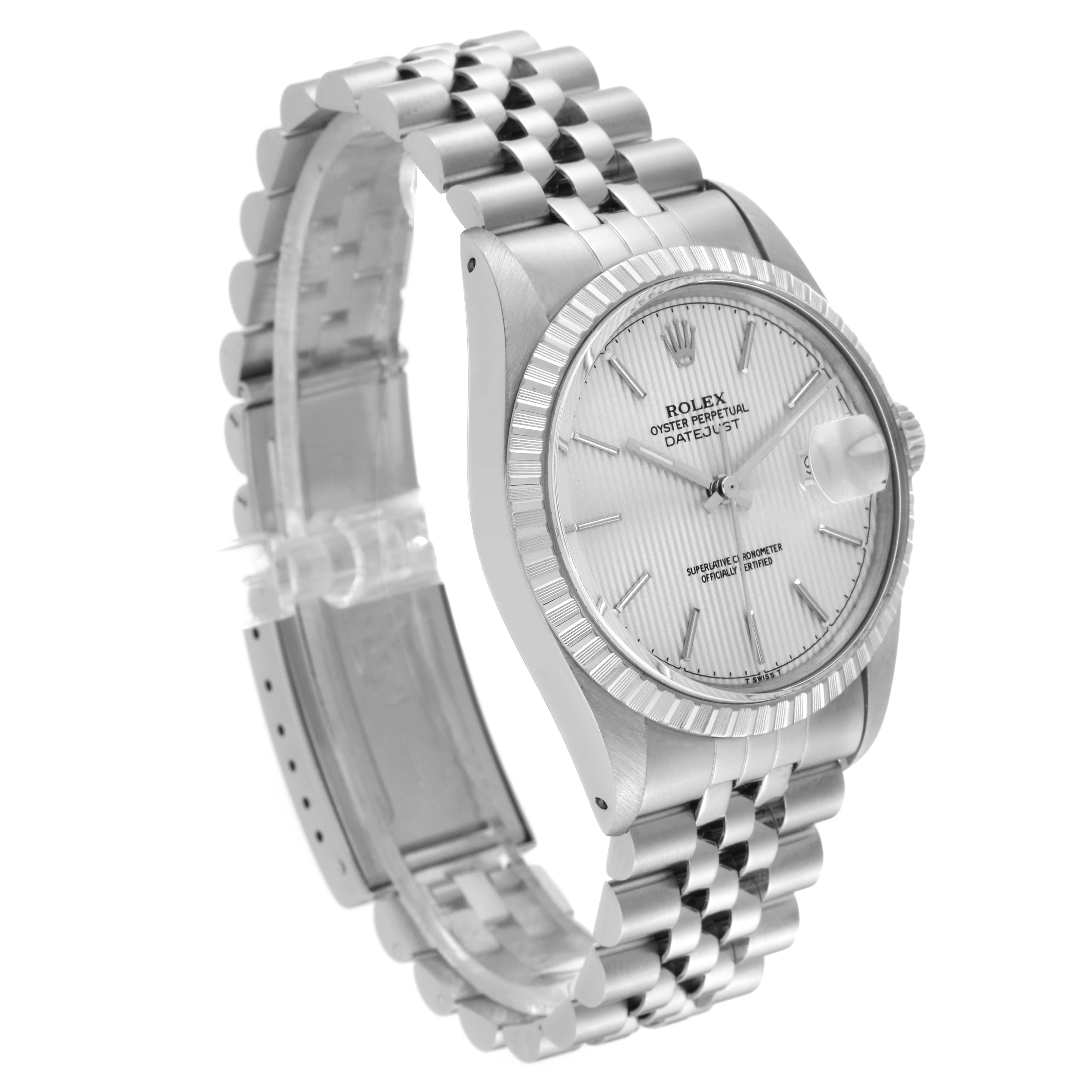 The image shows a Rolex Vintage Collection 16030 Men's Stainless Steel Silver Dial 16030 Men's Stainless Steel Silver Dial model watch angled to display the face, bezel, and the bracelet.