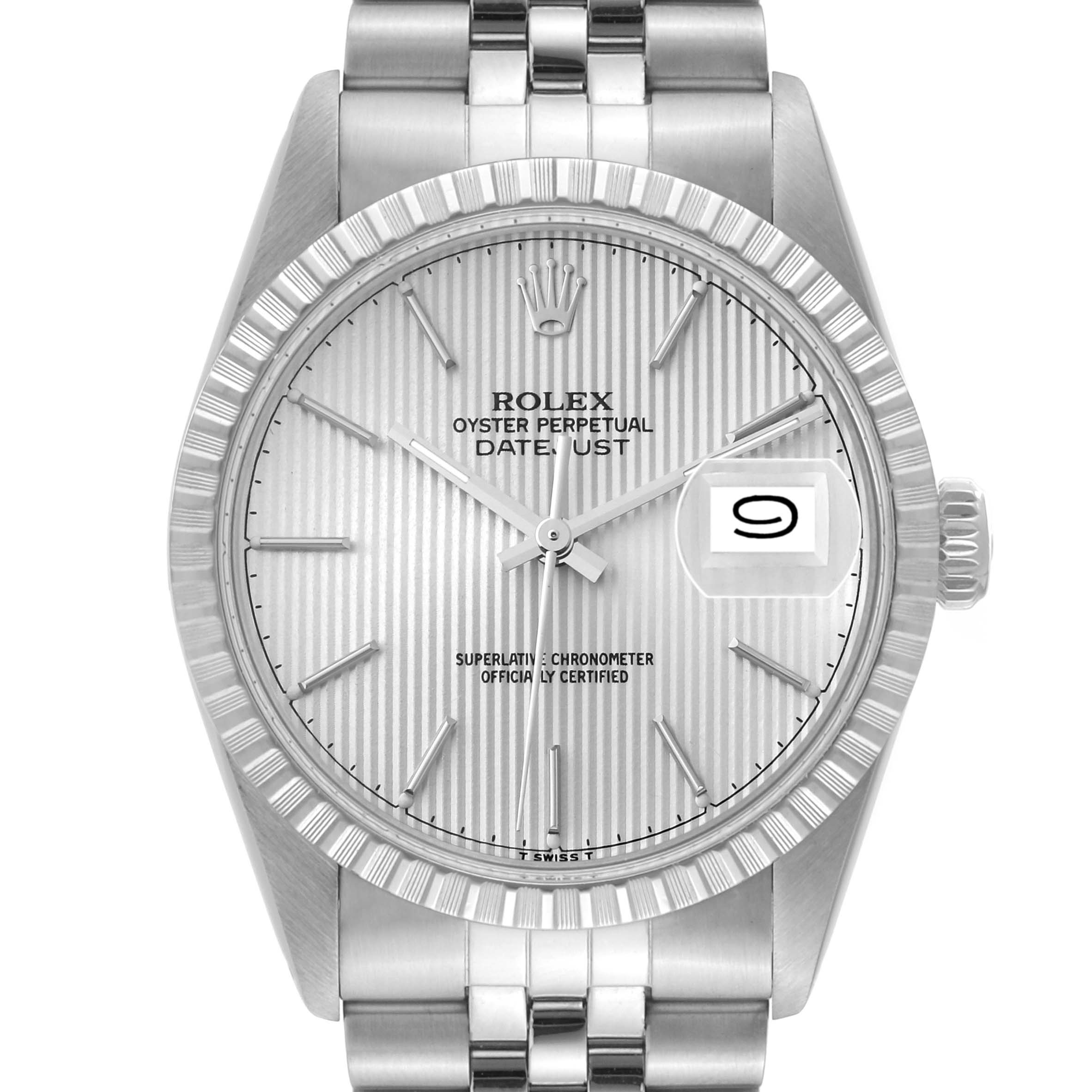 This image shows a frontal view of the Rolex Vintage Collection 16030 Men's Stainless Steel Silver Dial 16030 Men's Stainless Steel Silver Dial Oyster Perpetual Datejust watch, highlighting the dial, hands, and bezel.