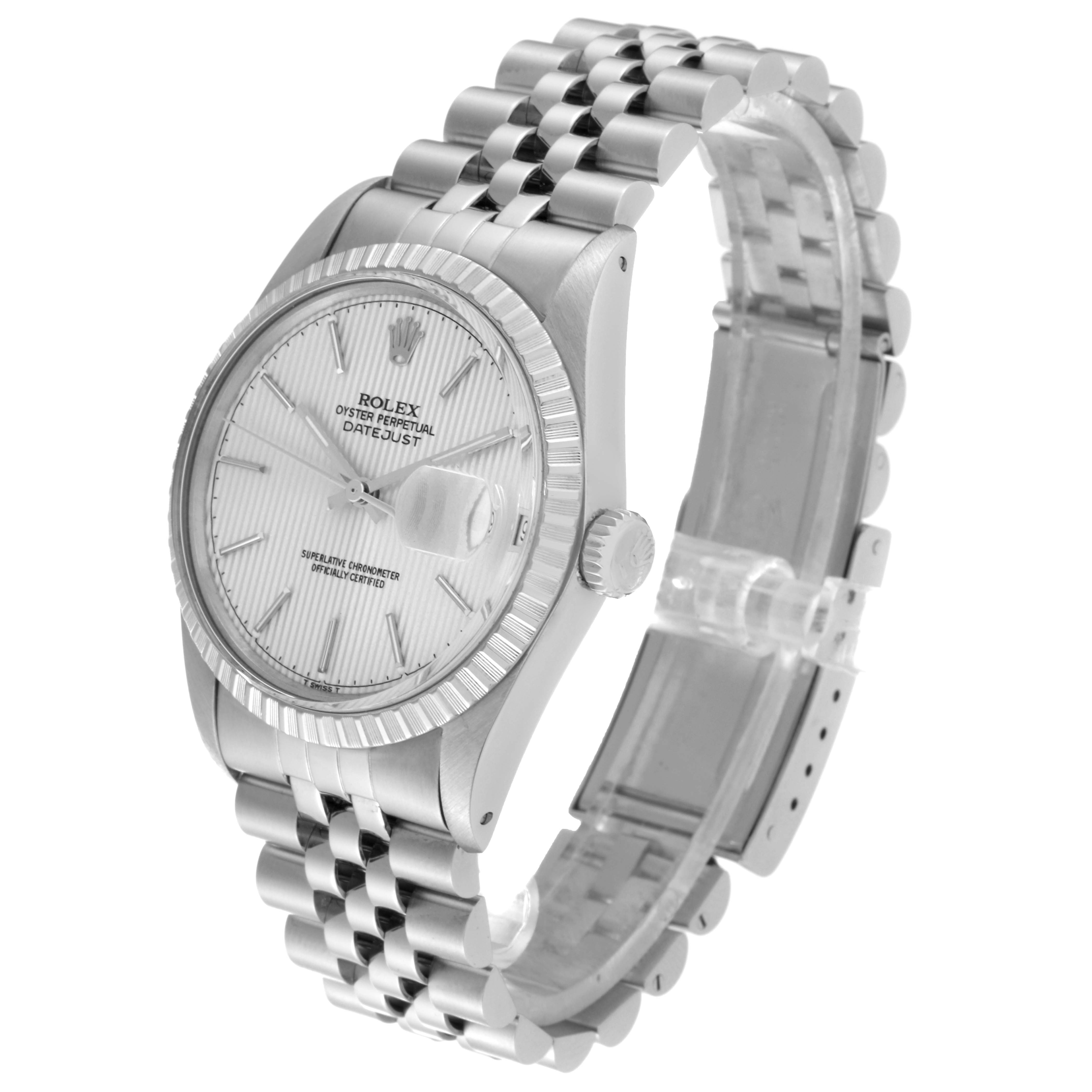 The image shows a Rolex Vintage Collection 16030 Men's Stainless Steel Silver Dial 16030 Men's Stainless Steel Silver Dial Datejust watch at a slight angle, displaying the face, bezel, crown, and bracelet.