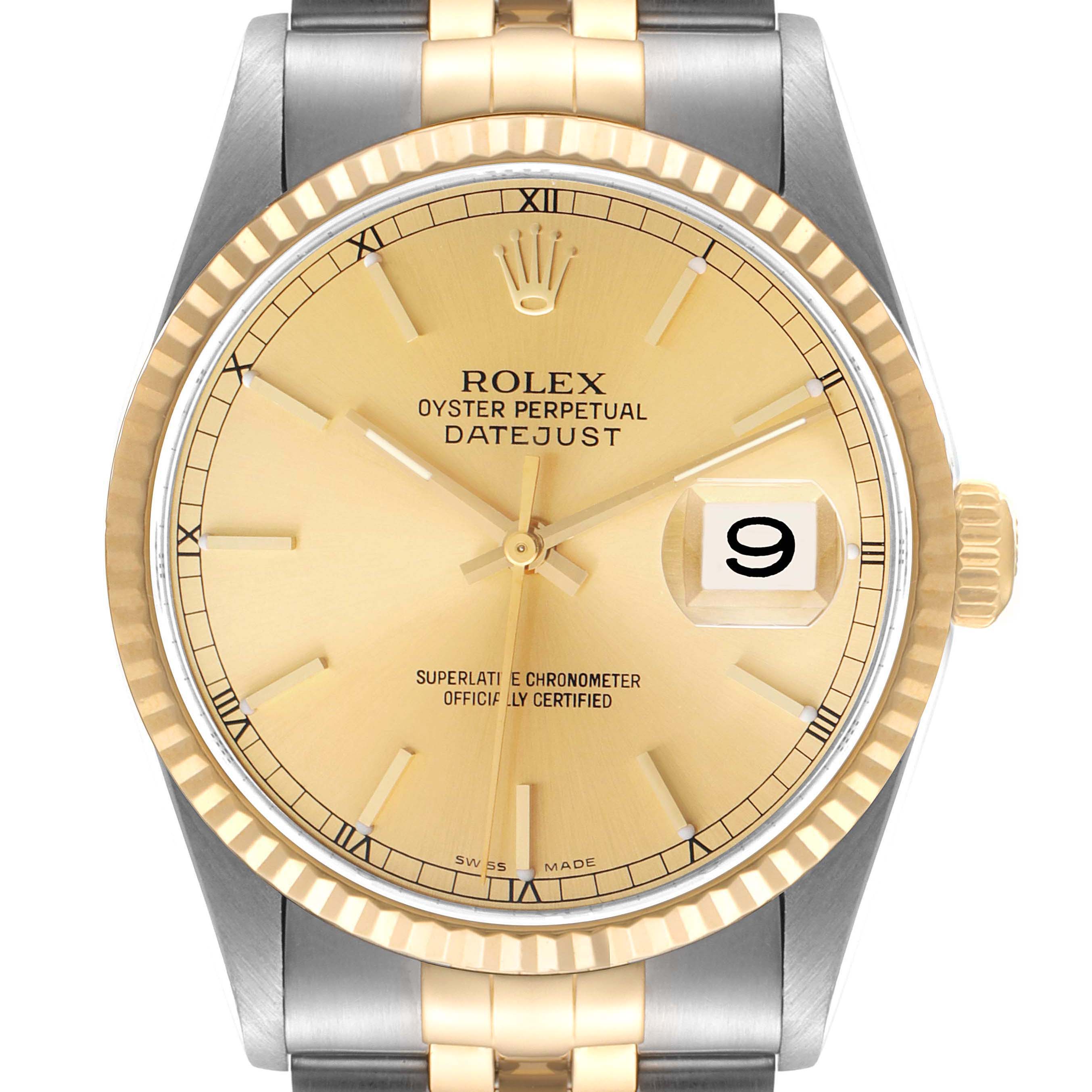 The image shows a front view of a Rolex Datejust 16233 Men's Steel and Gold (two tone) Champagne Dial 16233 Men's Steel and Gold (two tone) Champagne Dial watch, highlighting its dial, hands, date display, and part of the bracelet.