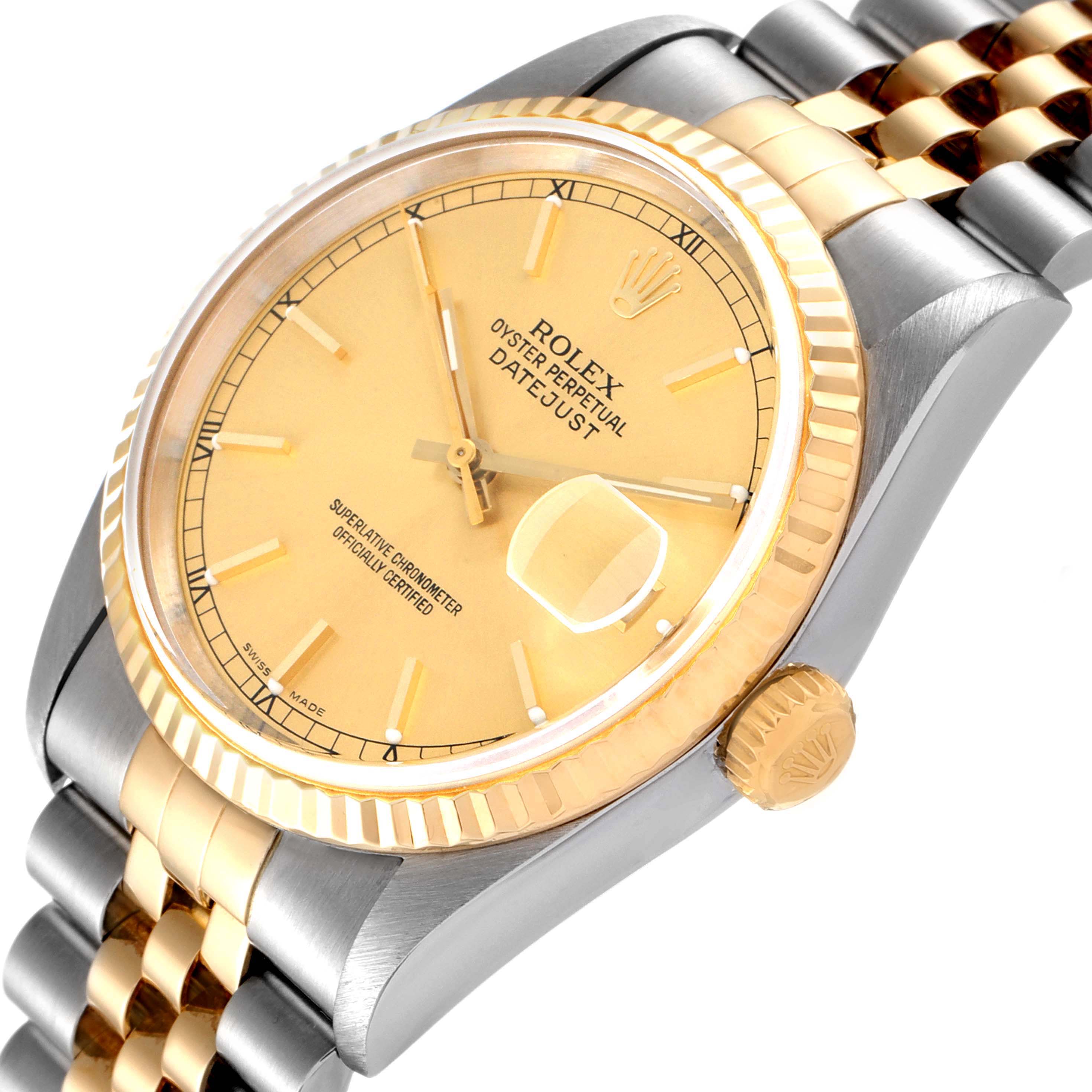 The image shows a close-up, angled view of the Rolex Datejust 16233 Men's Steel and Gold (two tone) Champagne Dial 16233 Men's Steel and Gold (two tone) Champagne Dial watch, highlighting its dial, bezel, crown, and Jubilee bracelet.