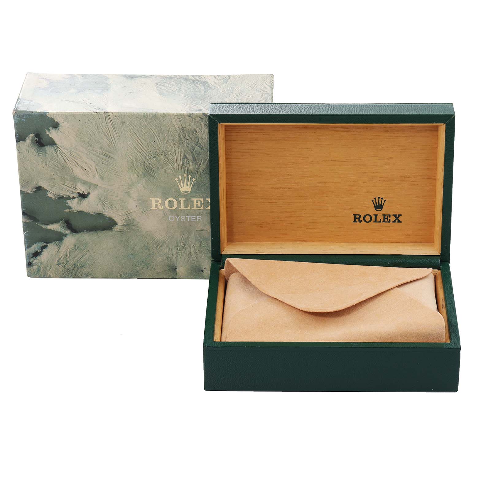 The image shows an open Rolex Datejust 16233 Men's Steel and Gold (two tone) Champagne Dial 16233 Men's Steel and Gold (two tone) Champagne Dial watch box with the outer packaging visible behind it.