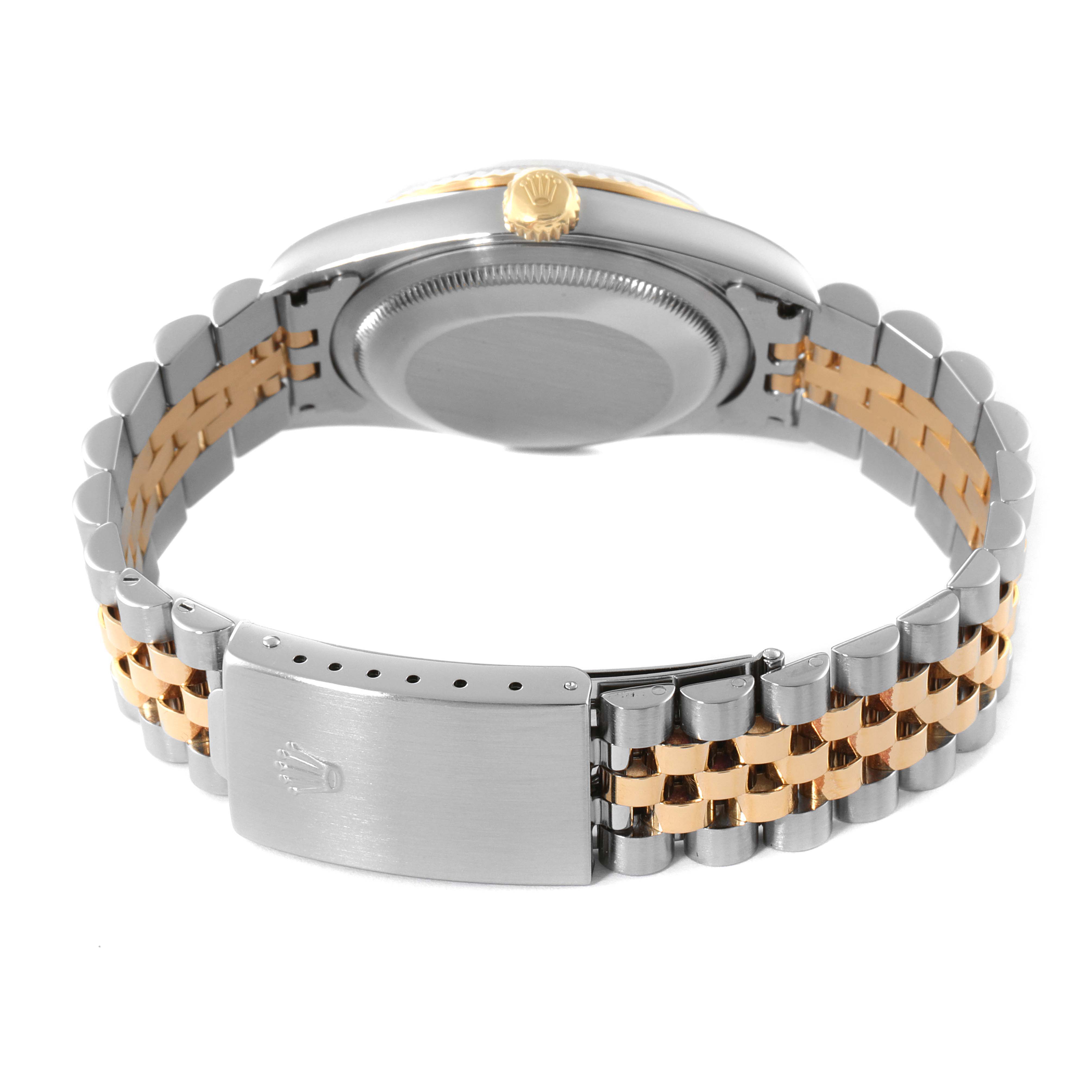 This image shows the back of a Rolex Datejust 16233 Men's Steel and Gold (two tone) Champagne Dial 16233 Men's Steel and Gold (two tone) Champagne Dial watch and its two-tone metal bracelet with a closed clasp.