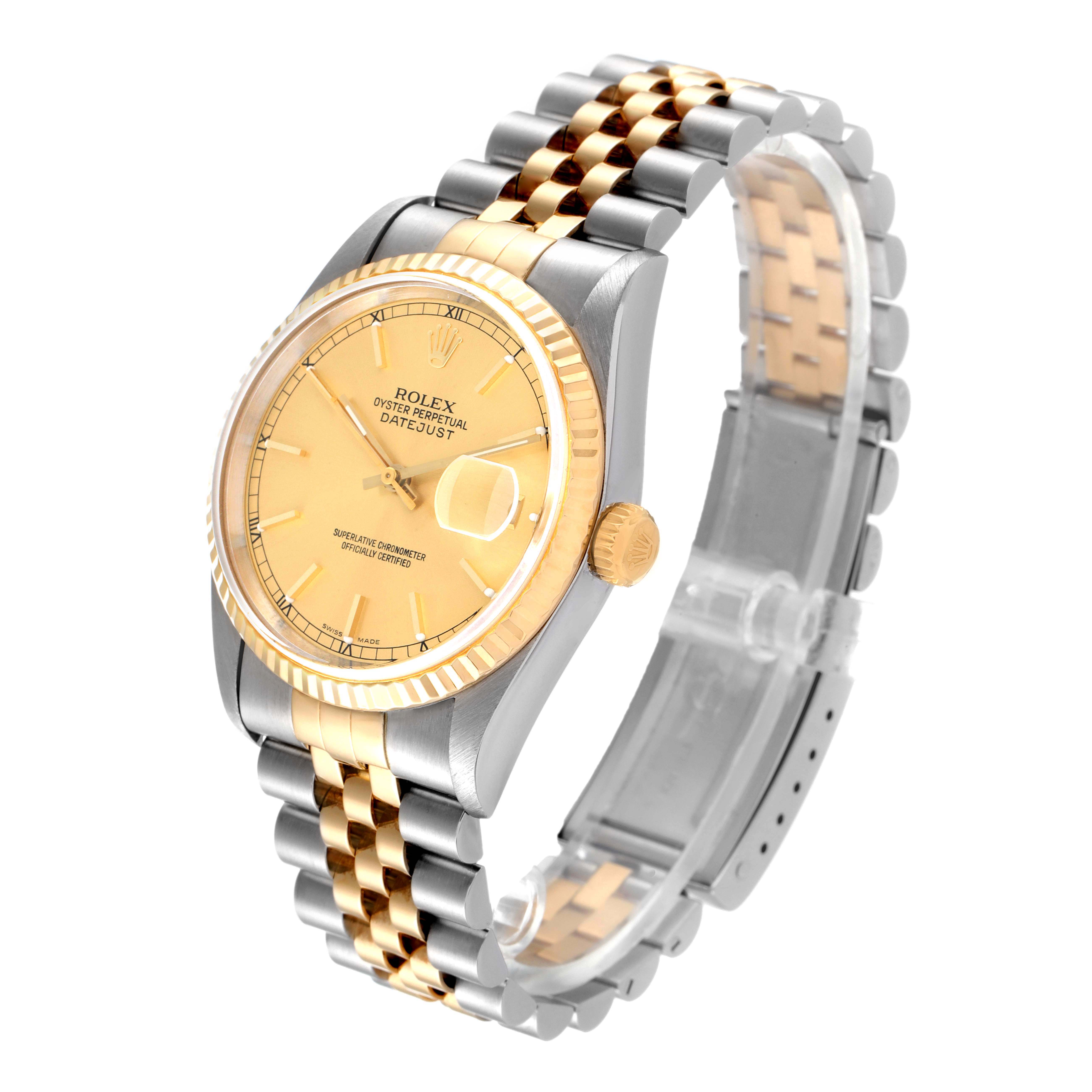The image shows a side and front view of a Rolex Datejust 16233 Men's Steel and Gold (two tone) Champagne Dial 16233 Men's Steel and Gold (two tone) Champagne Dial watch, featuring a two-tone bracelet and a gold dial.