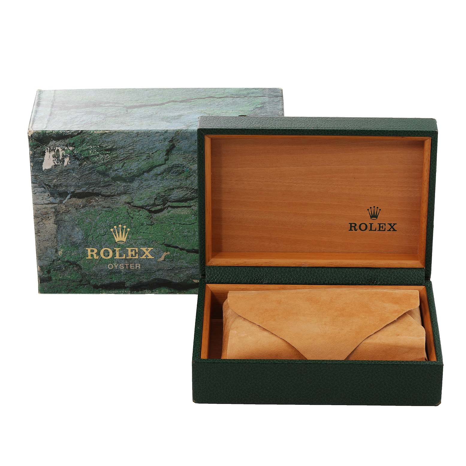 This image shows an open Rolex Datejust 16233 Men's Steel and Gold (two tone) Champagne Dial 16233 Men's Steel and Gold (two tone) Champagne Dial box, with an exterior cardboard box and a leather pouch inside the wooden inner box.