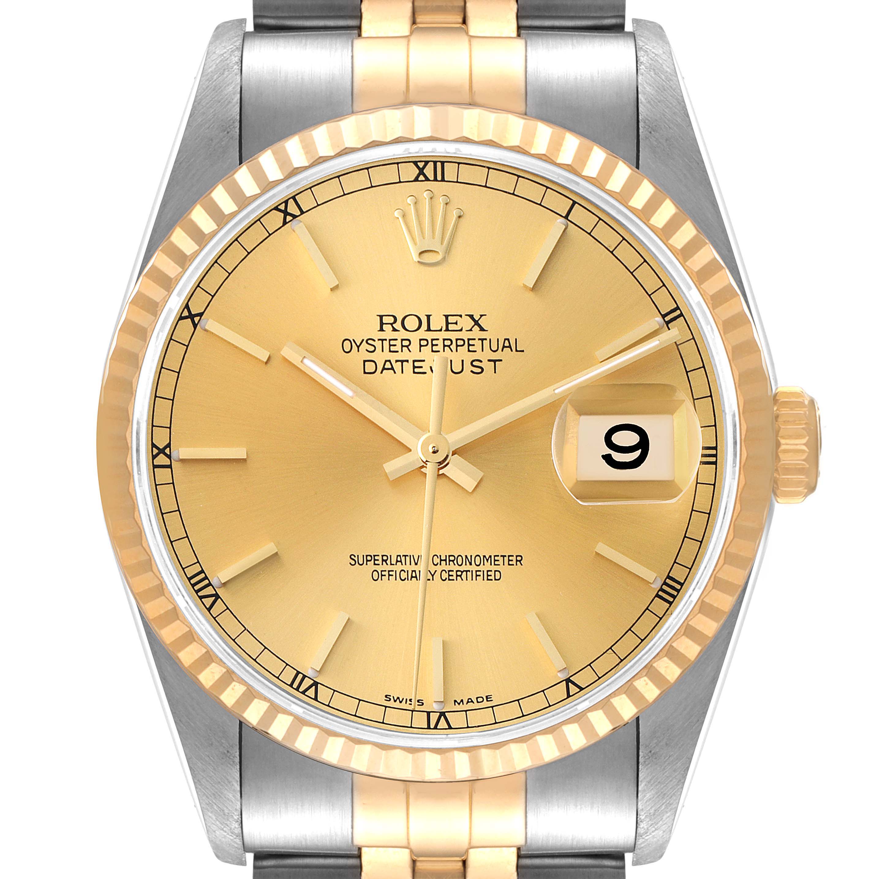 The image shows a close-up front view of the Rolex Datejust 16233 Men's Steel and Gold (two tone) Champagne Dial 16233 Men's Steel and Gold (two tone) Champagne Dial watch with a gold dial and fluted bezel.