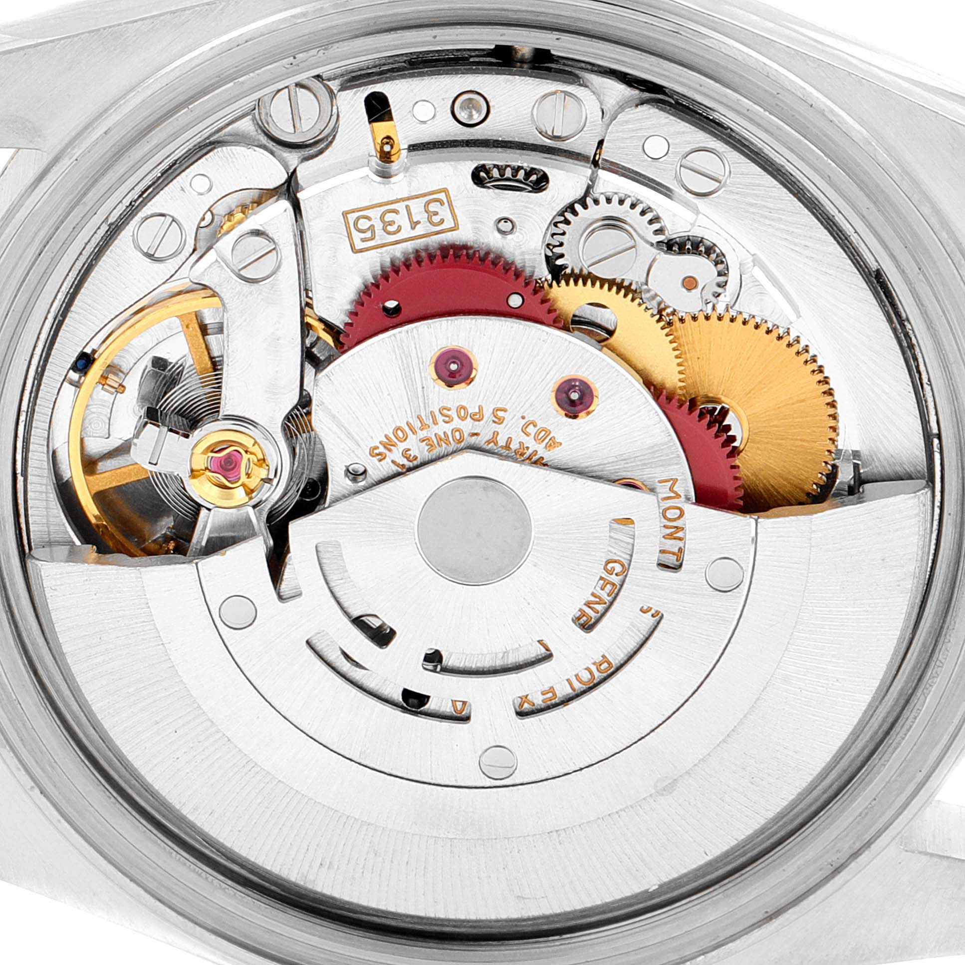 This image shows the inner mechanical movement of a Rolex Datejust 16233 Men's Steel and Gold (two tone) Champagne Dial 16233 Men's Steel and Gold (two tone) Champagne Dial watch from a top-down angle.
