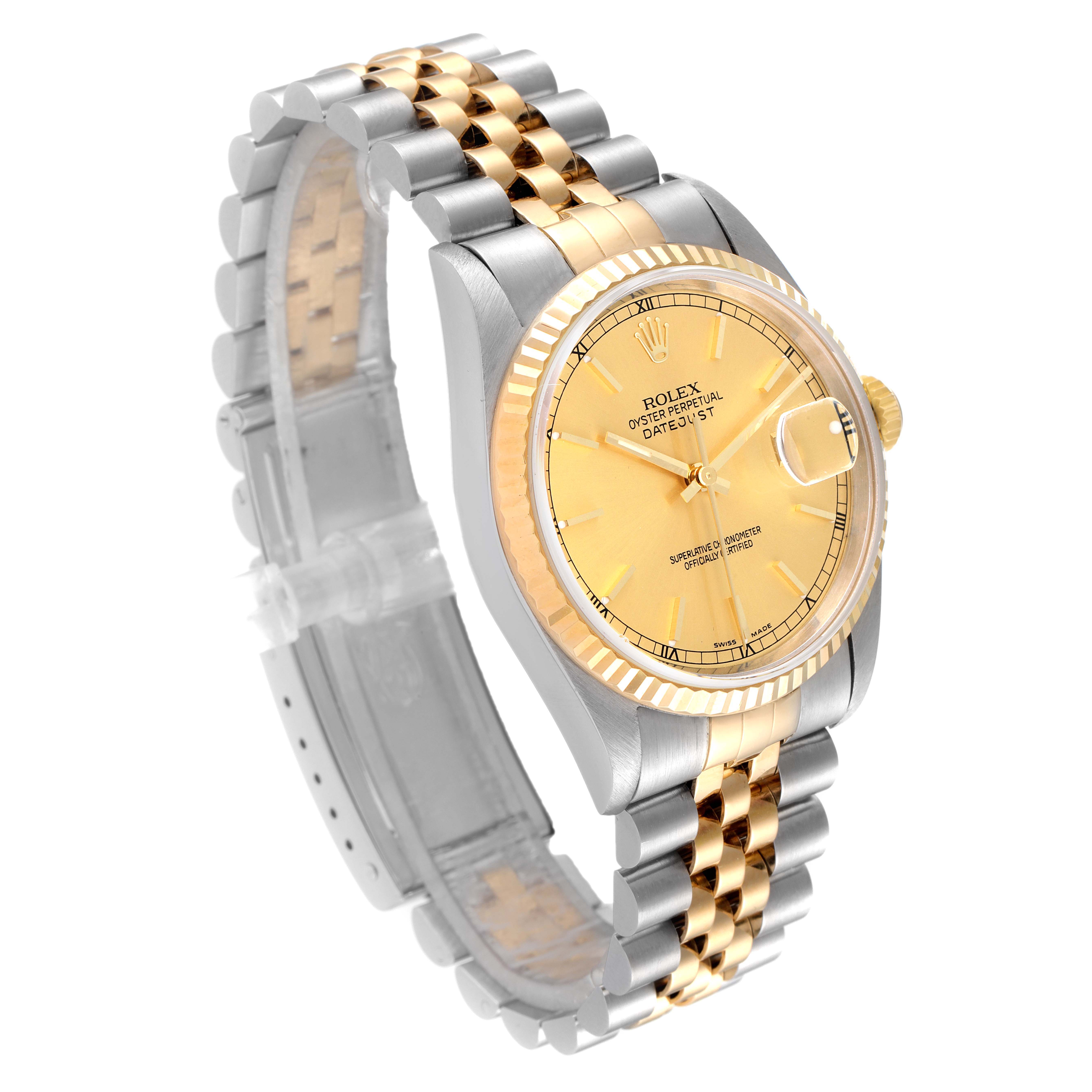 The image shows a Rolex Datejust 16233 Men's Steel and Gold (two tone) Champagne Dial 16233 Men's Steel and Gold (two tone) Champagne Dial watch at a three-quarter angle, highlighting the face, bezel, and Jubilee bracelet.