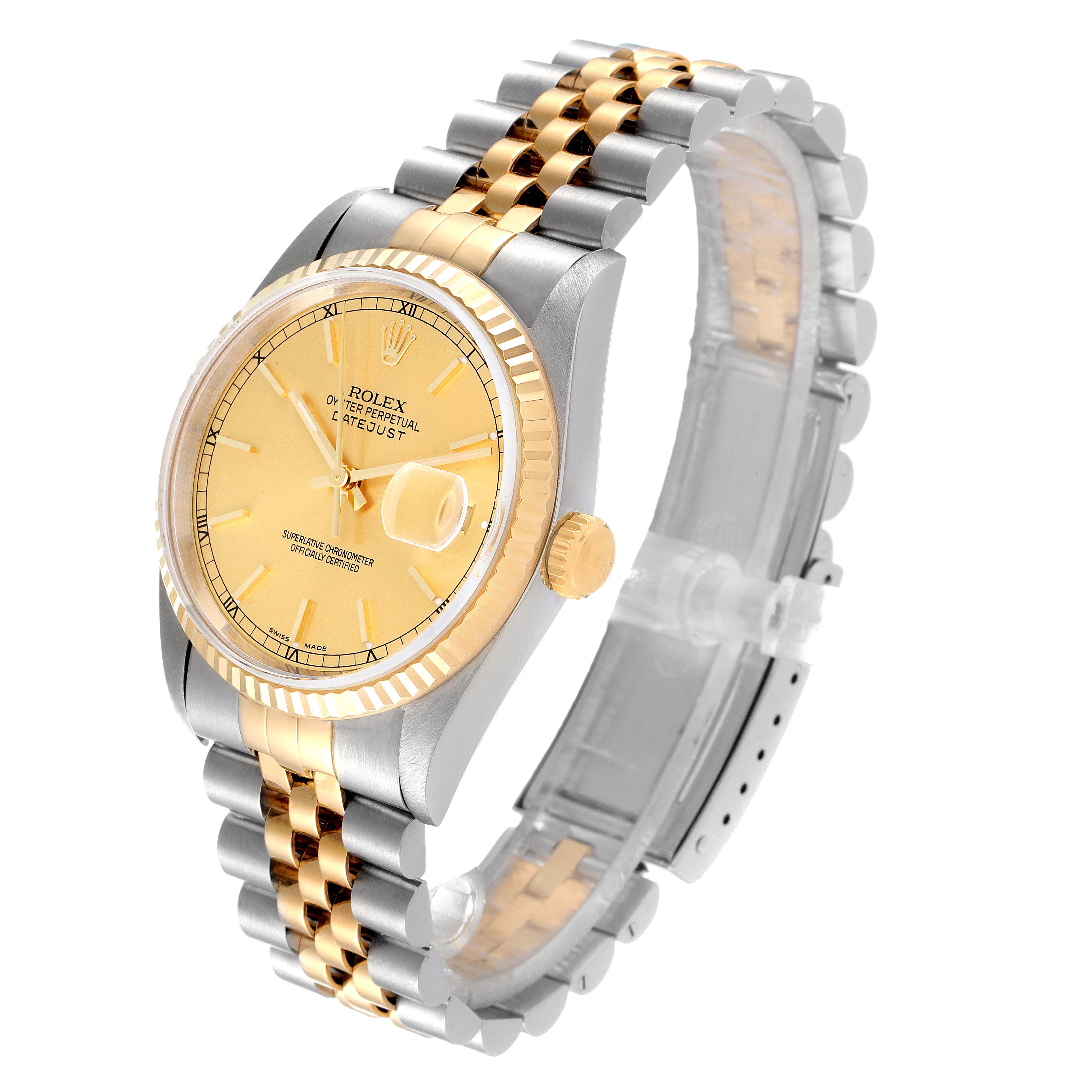 The image shows a Rolex Datejust 16233 Men's Steel and Gold (two tone) Champagne Dial 16233 Men's Steel and Gold (two tone) Champagne Dial watch at a slight left-side angle displaying the dial, bezel, and part of the bracelet.