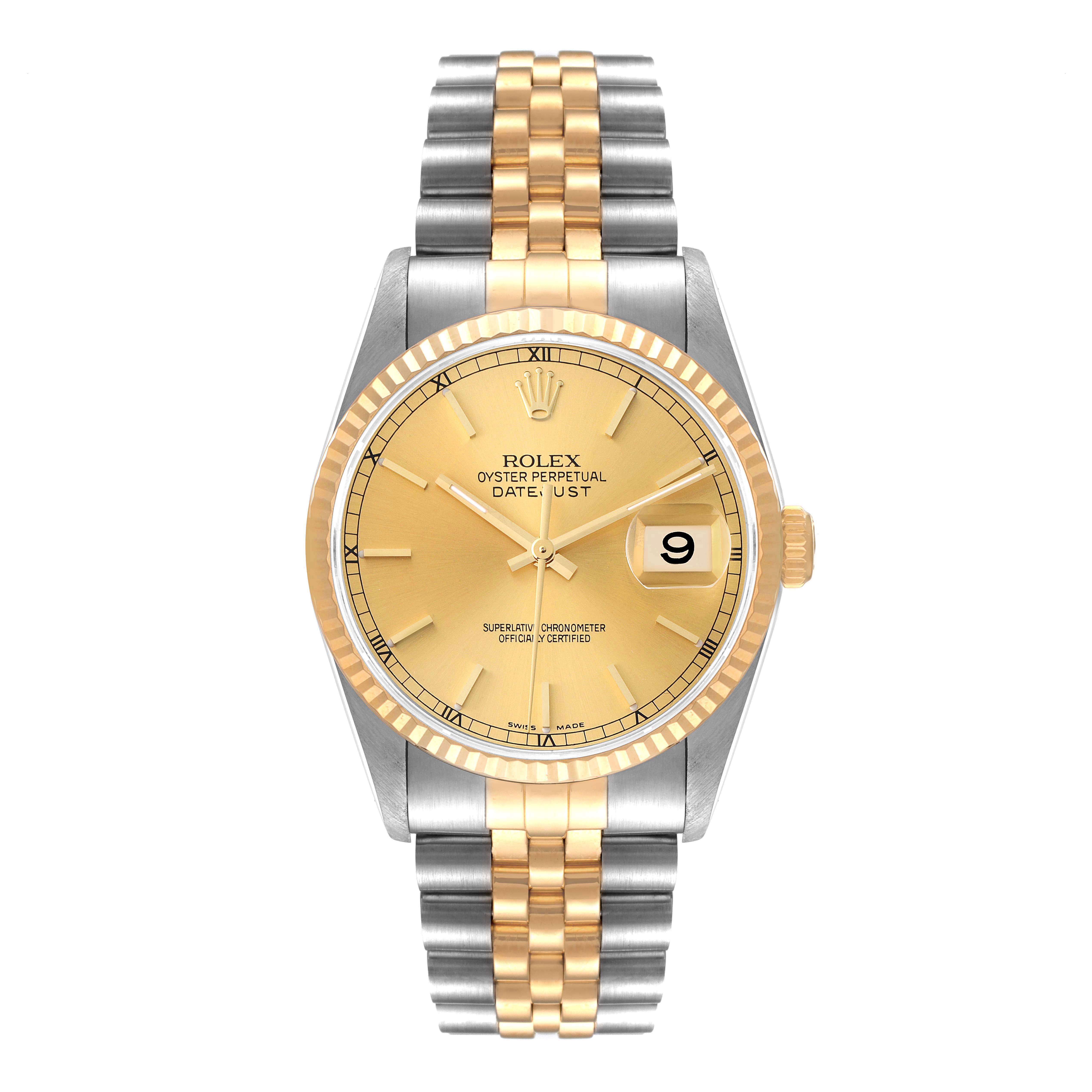 This image shows a Rolex Datejust 16233 Men's Steel and Gold (two tone) Champagne Dial 16233 Men's Steel and Gold (two tone) Champagne Dial model watch from the front, displaying the face, bezel, and bracelet.