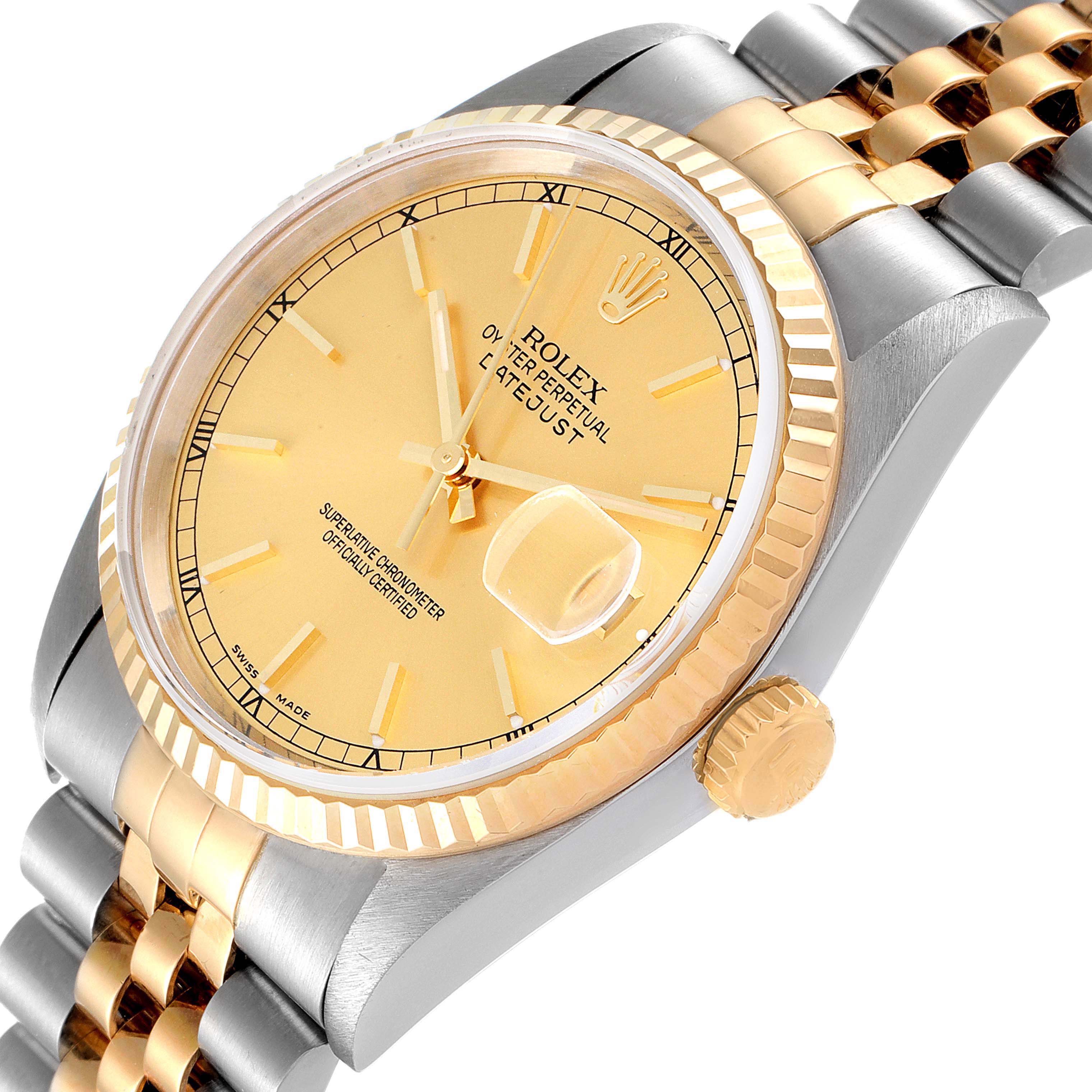 The image shows a close-up angled view of the Rolex Datejust 16233 Men's Steel and Gold (two tone) Champagne Dial 16233 Men's Steel and Gold (two tone) Champagne Dial watch face, crown, and part of the band.