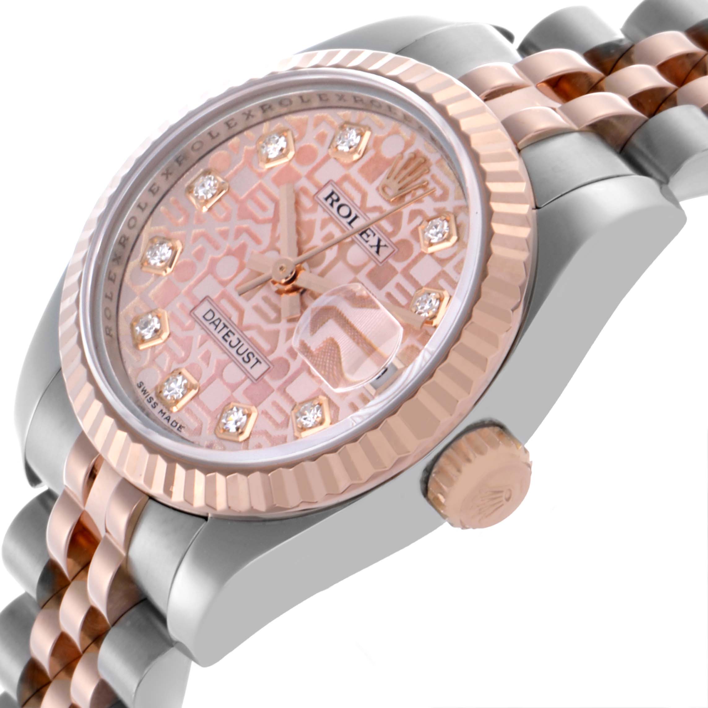 The Rolex Datejust 179171 Women's Steel and Gold (two tone) Pink Dial 179171 Women's Steel and Gold (two tone) Pink Dial watch is shown at an angled side view, highlighting the bezel, dial, crown, and part of the bracelet.