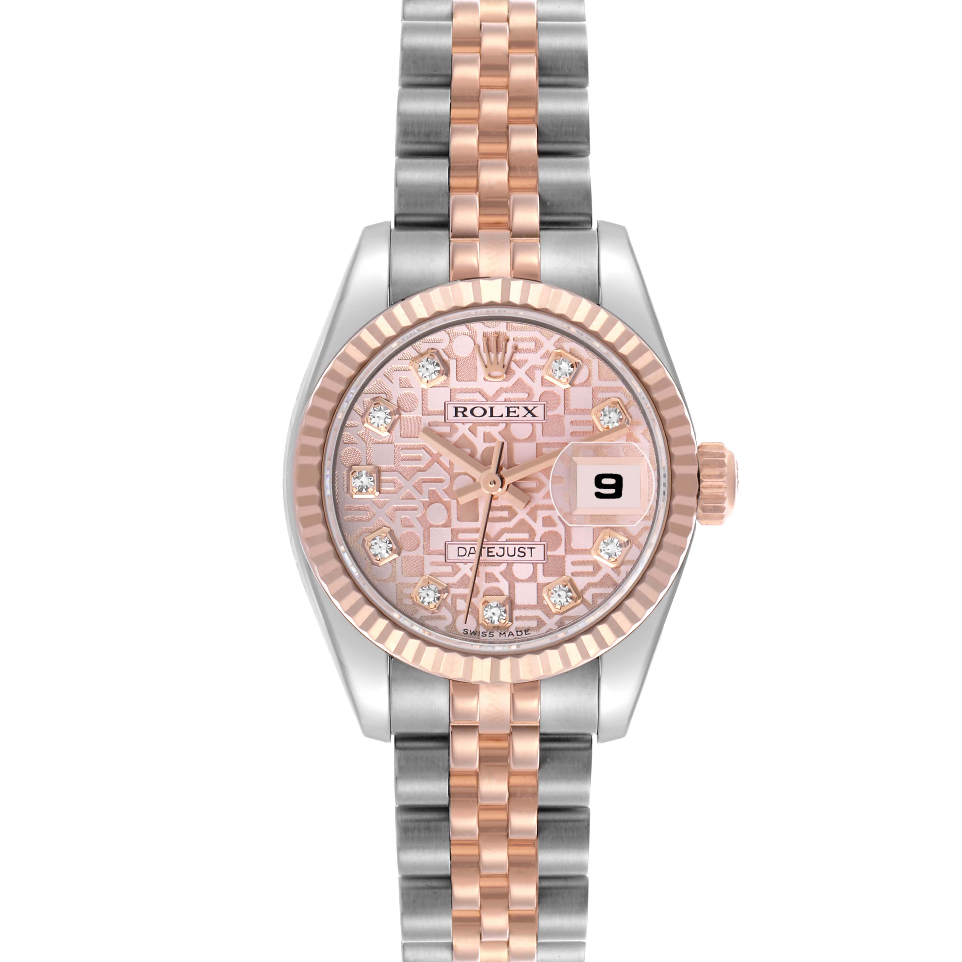 The Rolex Datejust 179171 Women's Steel and Gold (two tone) Pink Dial 179171 Women's Steel and Gold (two tone) Pink Dial watch is shown from a top-down angle, highlighting the dial, bezel, and two-tone bracelet.