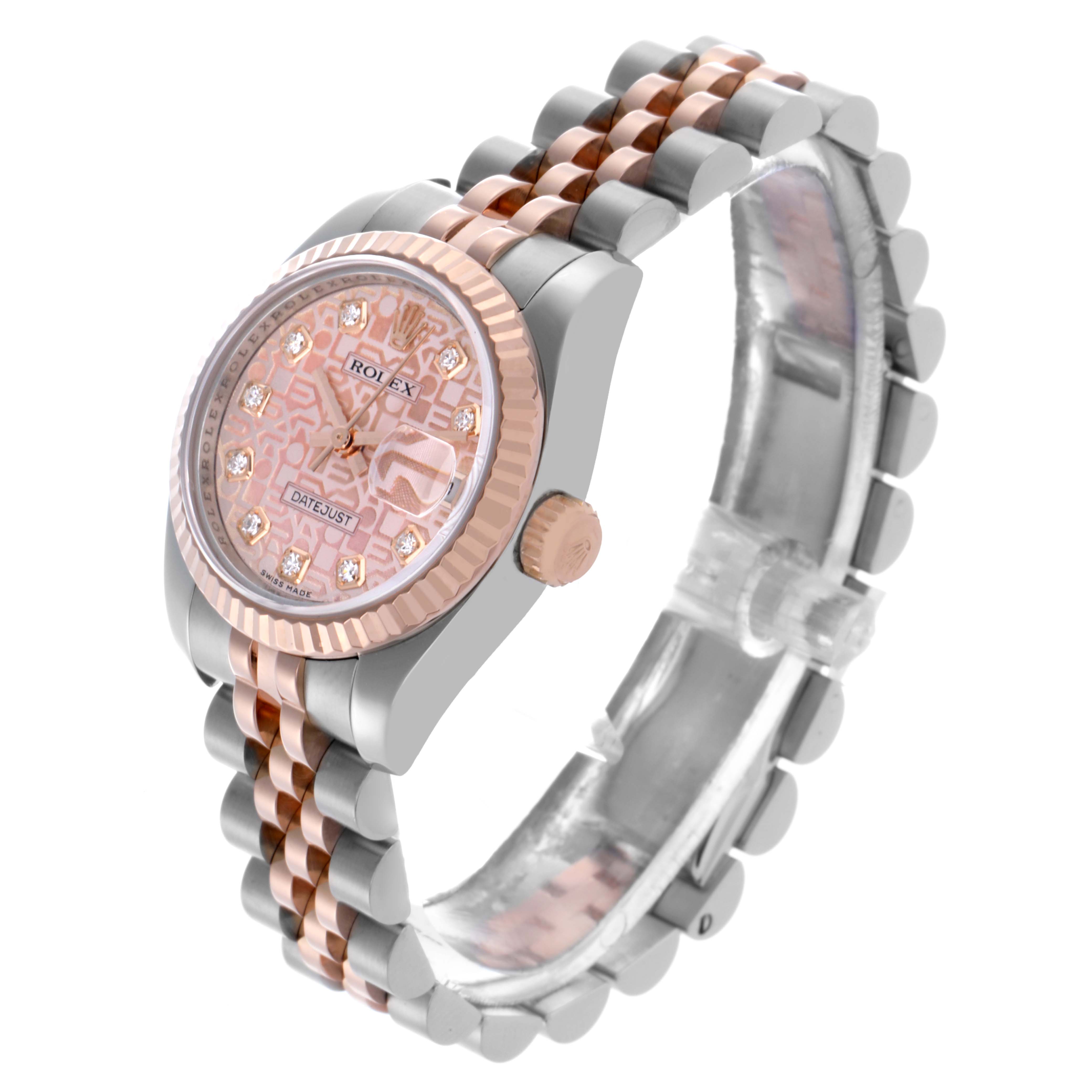 The Rolex Datejust 179171 Women's Steel and Gold (two tone) Pink Dial 179171 Women's Steel and Gold (two tone) Pink Dial watch is shown at a three-quarter angle, displaying the face, bezel, crown, and jubilee bracelet.