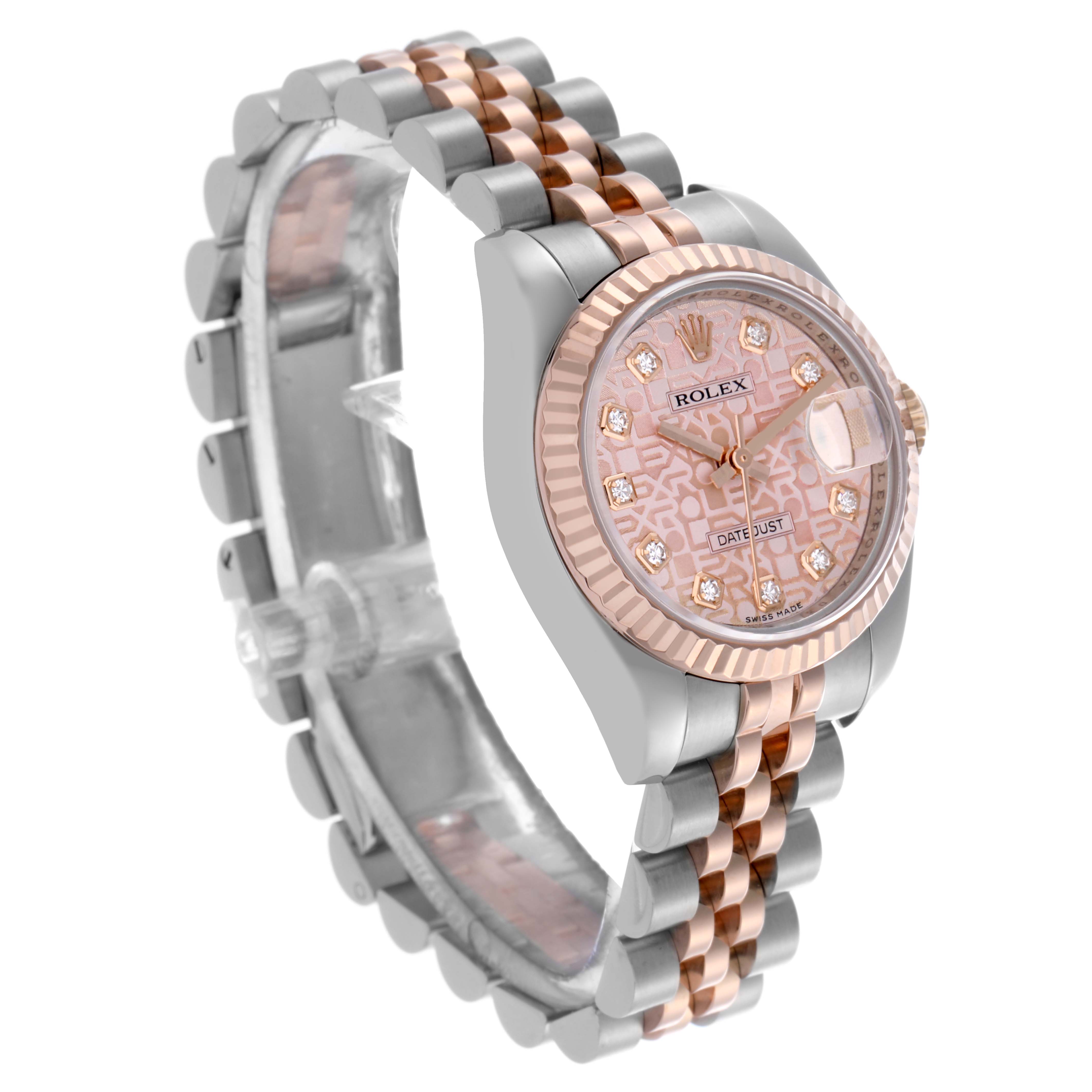 The Rolex Datejust 179171 Women's Steel and Gold (two tone) Pink Dial 179171 Women's Steel and Gold (two tone) Pink Dial watch is shown at a slight angle, highlighting its pink dial, diamond markers, fluted bezel, and two-tone bracelet.