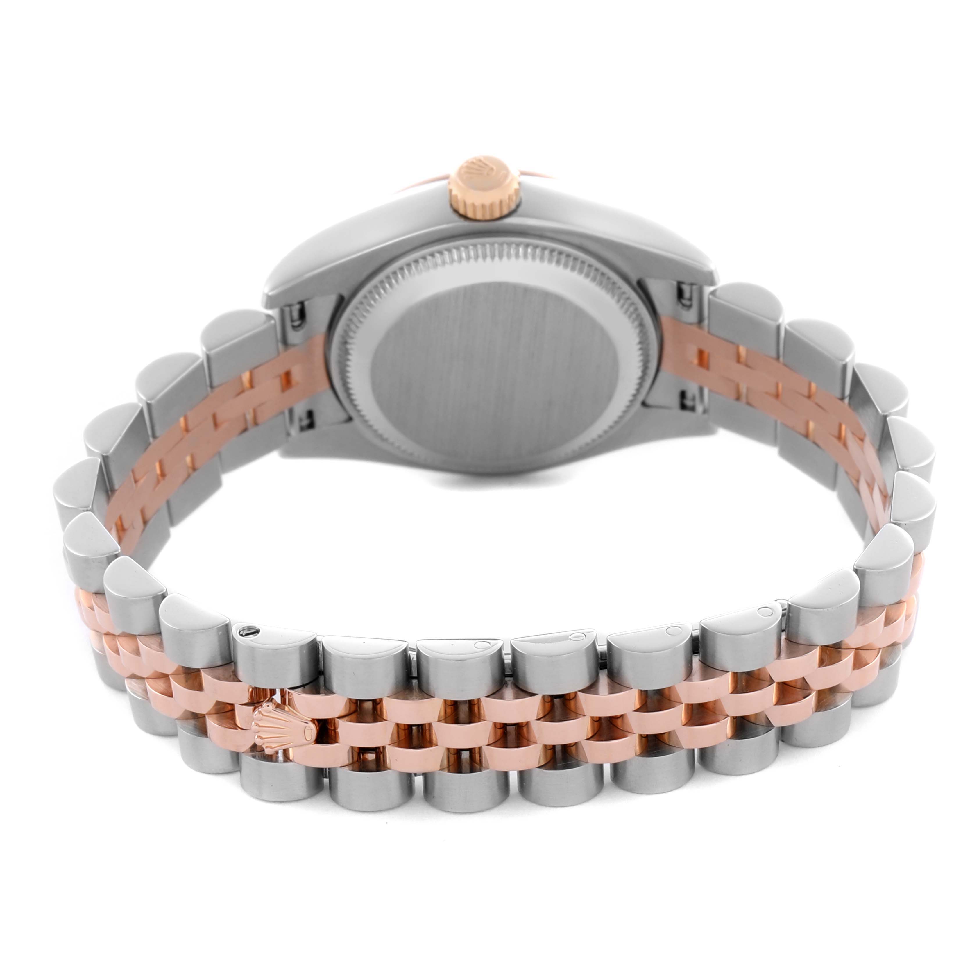 The image shows the back of the Rolex Datejust 179171 Women's Steel and Gold (two tone) Pink Dial 179171 Women's Steel and Gold (two tone) Pink Dial, highlighting the case back, crown, and two-tone bracelet.