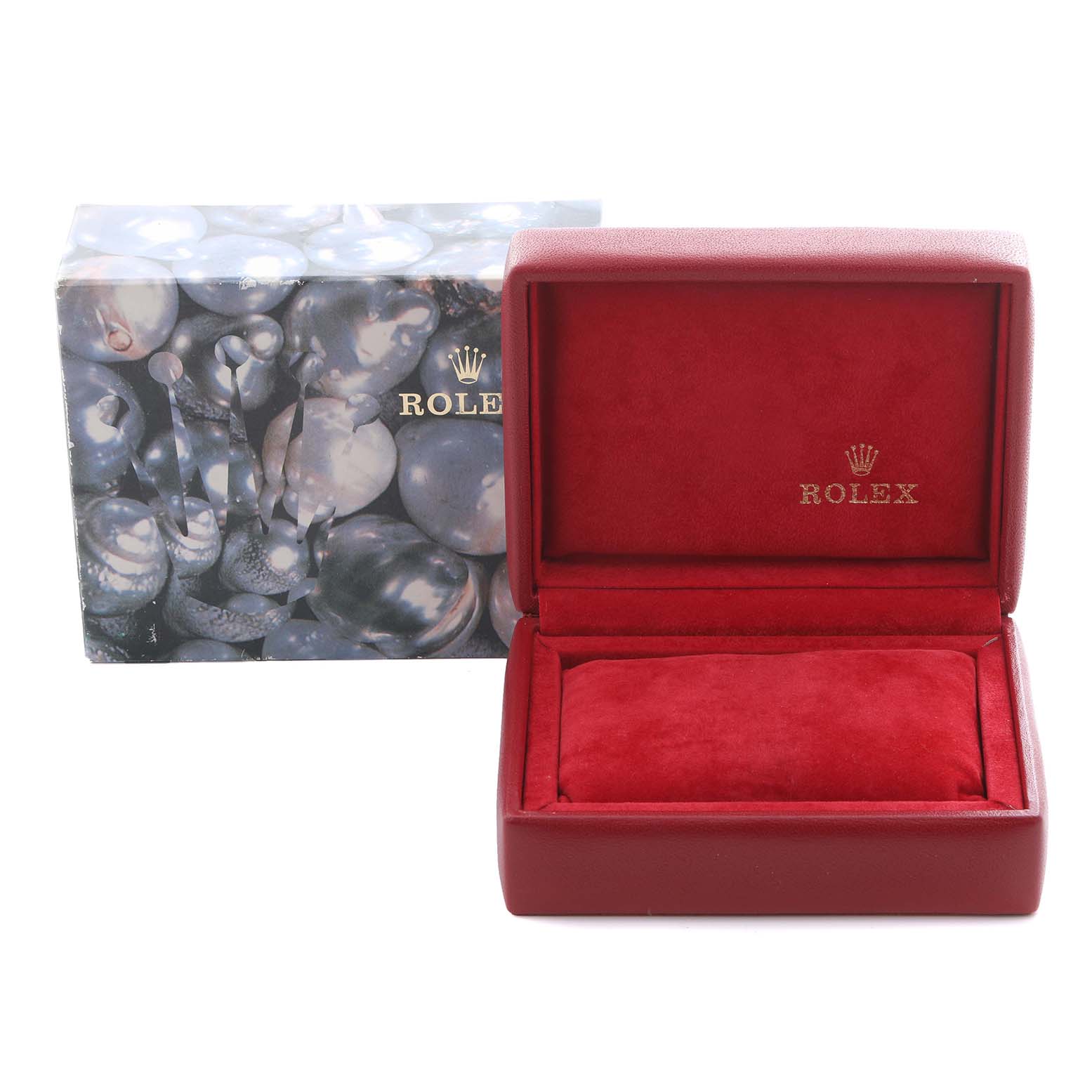 This image shows the open red box and outer packaging for a Rolex Datejust 179171 Women's Steel and Gold (two tone) Pink Dial 179171 Women's Steel and Gold (two tone) Pink Dial watch, without the watch inside.