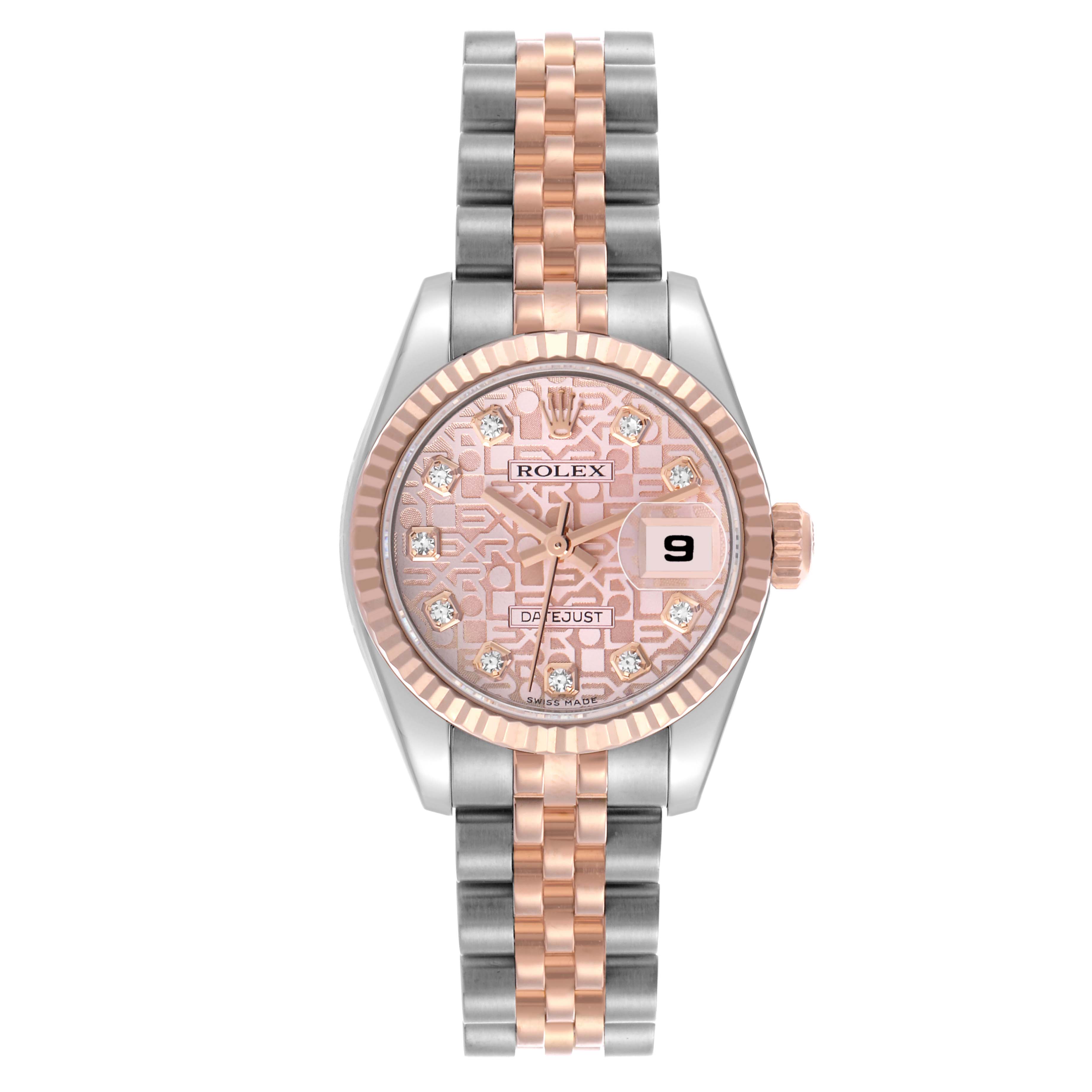 The Rolex Datejust 179171 Women's Steel and Gold (two tone) Pink Dial 179171 Women's Steel and Gold (two tone) Pink Dial watch is shown from the front, highlighting the dial, fluted bezel, two-tone bracelet, and date window.