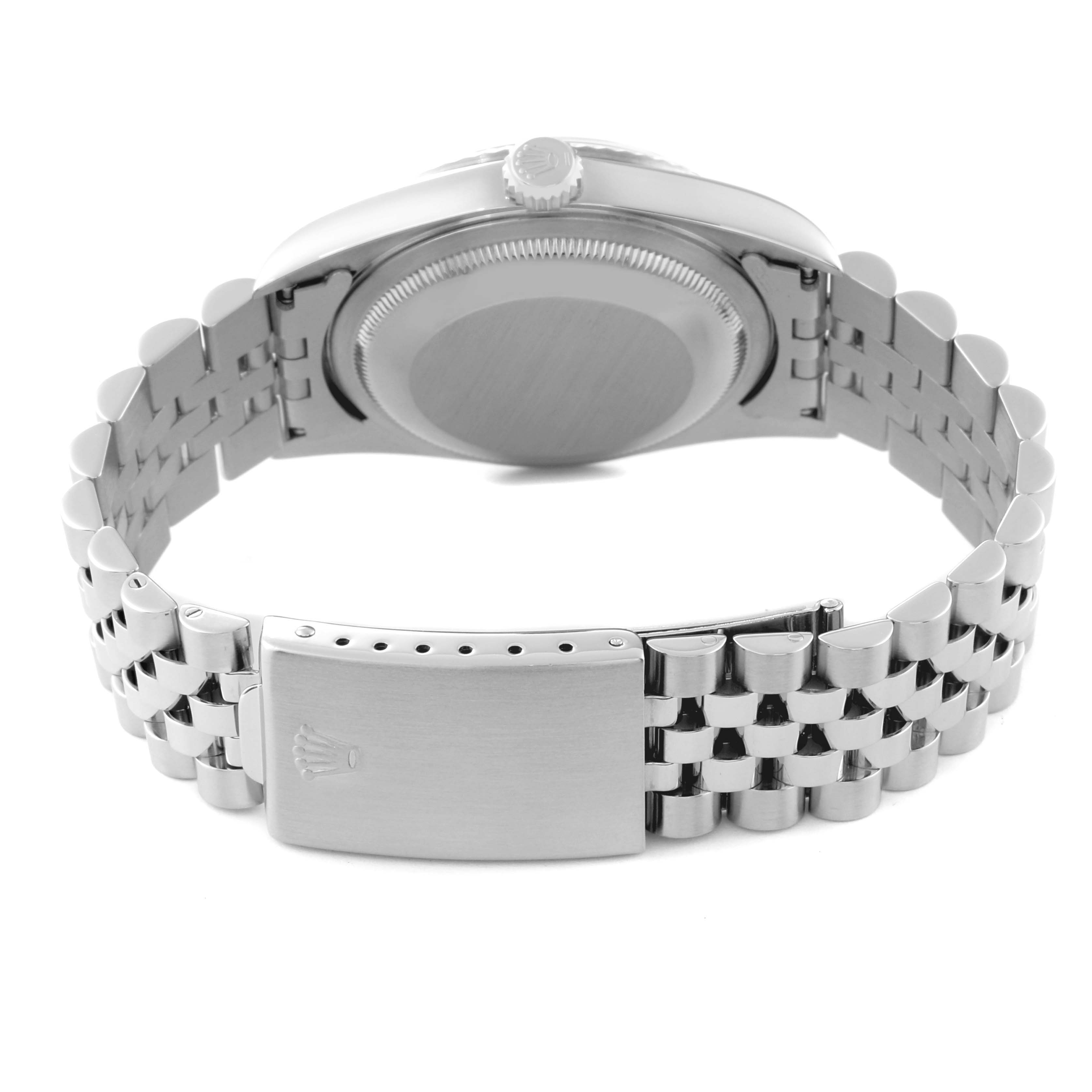 This image shows the back case and bracelet of a Rolex Datejust 16234 Men
s Stainless Steel Silver Dial 16234 Men
s Stainless Steel Silver Dial watch from a rear angle.