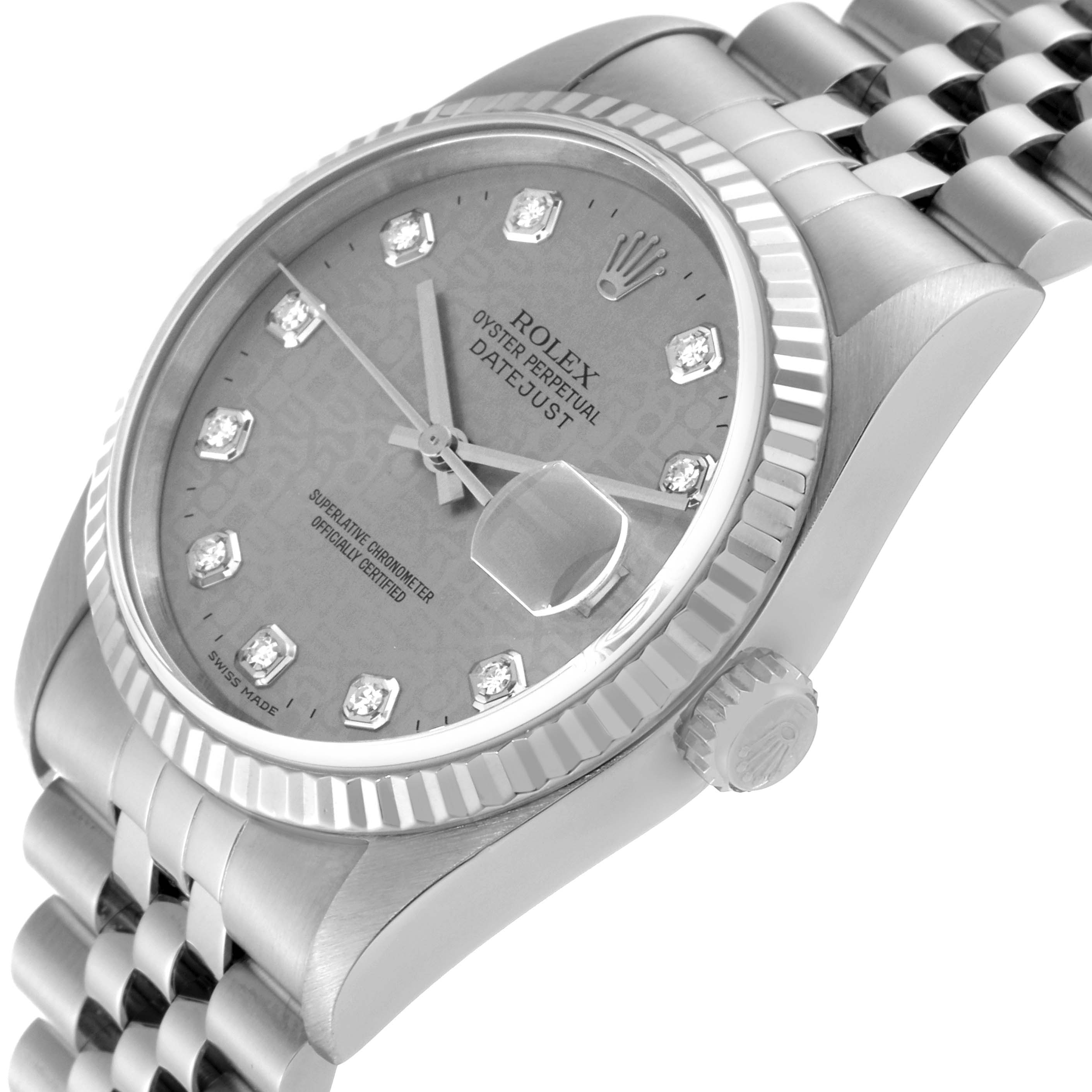 The image shows the Rolex Datejust 16234 Men
s Stainless Steel Silver Dial 16234 Men
s Stainless Steel Silver Dial watch at an angled close-up, displaying the face, bezel, crown, and part of the bracelet.