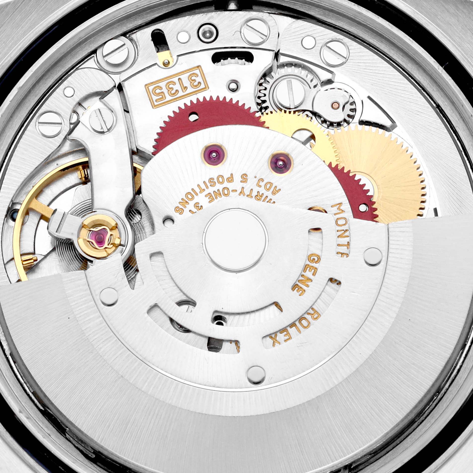 The image shows the intricate movement mechanism of the Rolex Datejust 16234 Men
s Stainless Steel Silver Dial 16234 Men
s Stainless Steel Silver Dial model, viewed from the back.